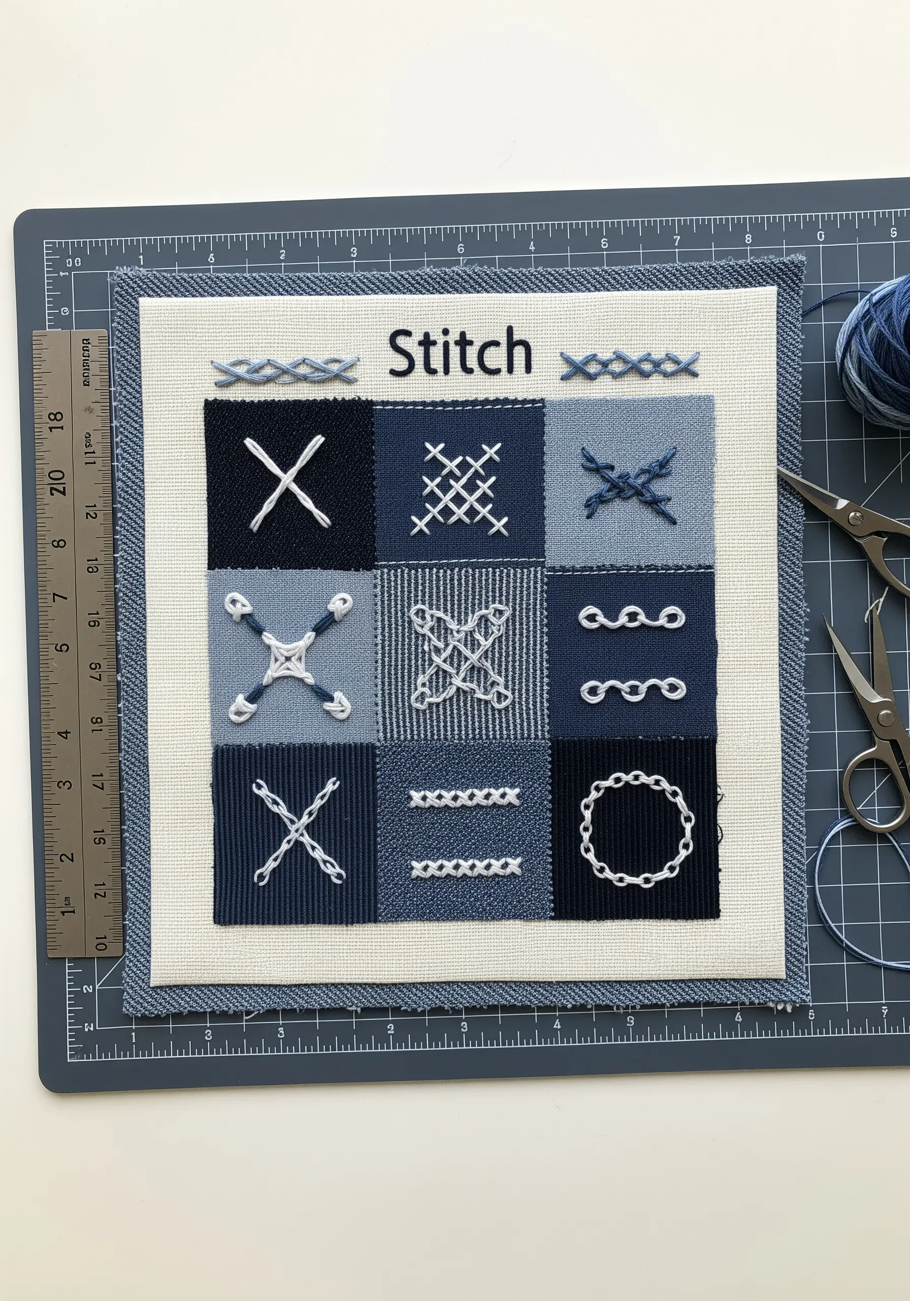 A nine-patch fabric collage with different embroidery stitches in each square.
