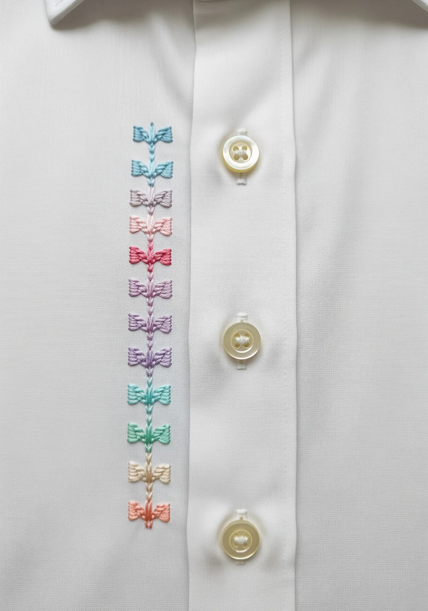 A vertical row of small, colorful fly stitches embroidered along a shirt placket.