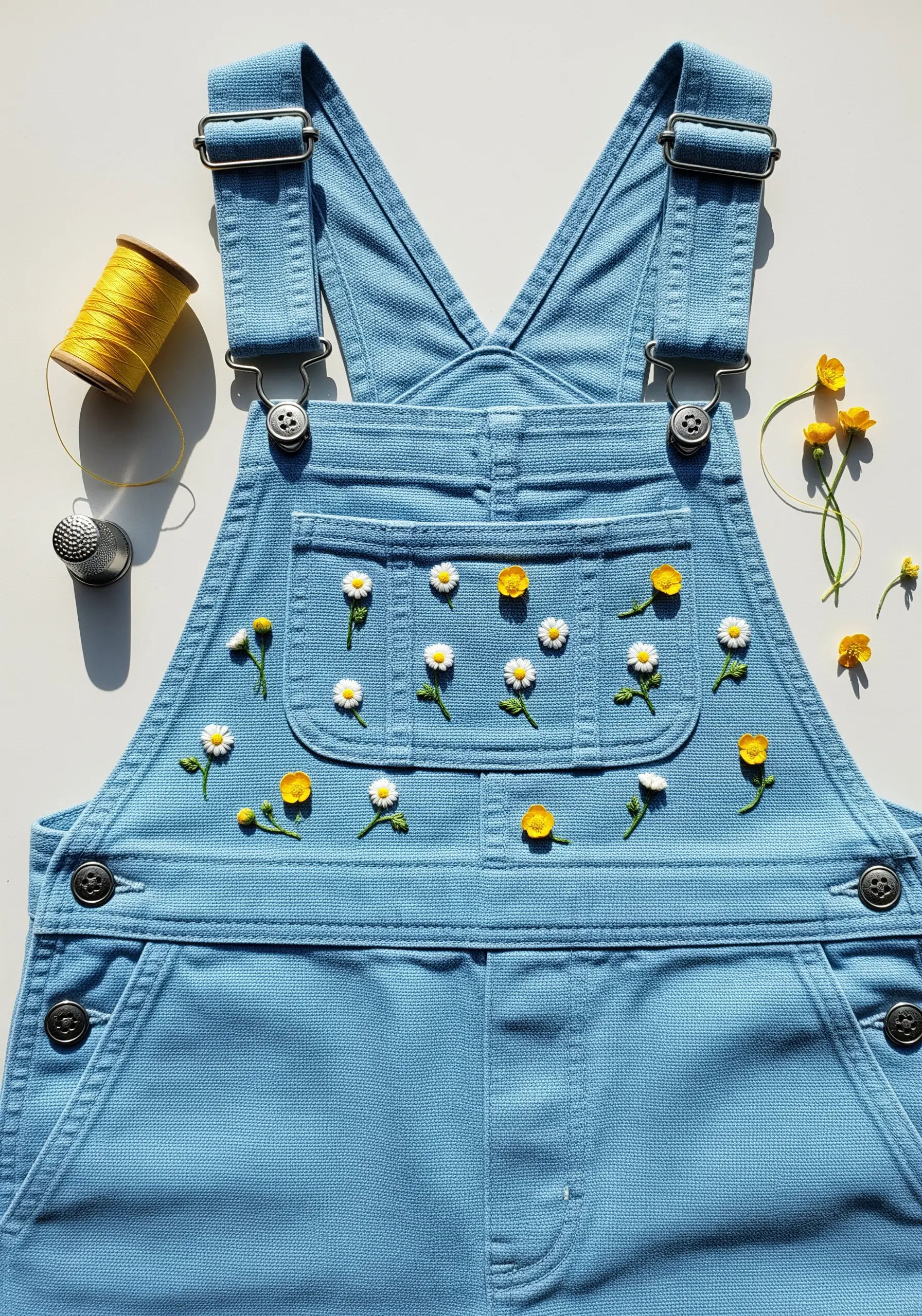 Small, scattered daisy and buttercup embroidery on the bib of children's denim overalls.