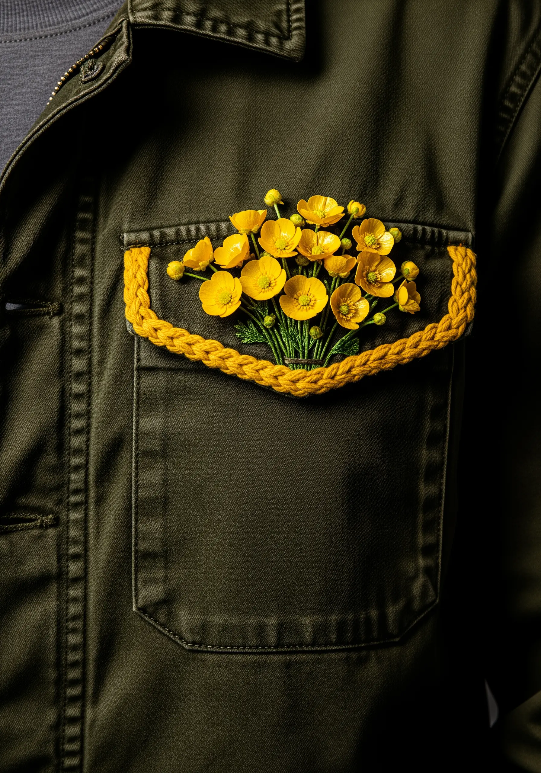A 3D bouquet of yellow buttercups emerging from the pocket of an olive green jacket.