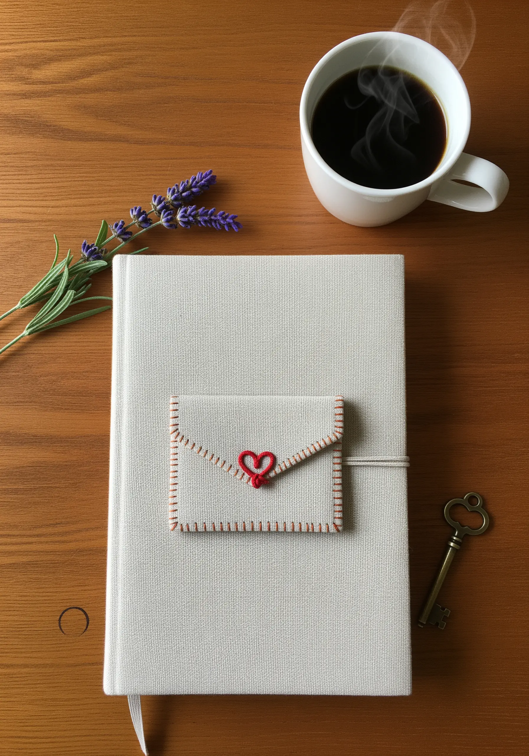 A tiny embroidered envelope pocket with a red heart stitched onto a journal cover.