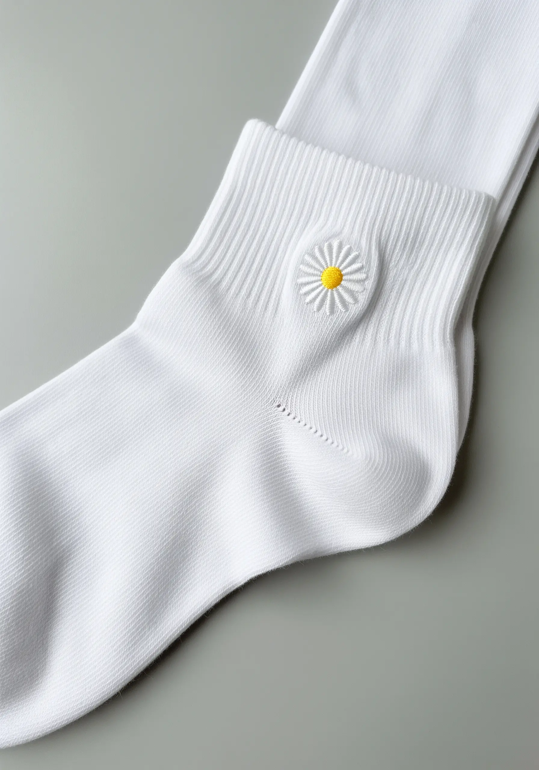 Small daisy embroidered on the ankle of a white ribbed sock.