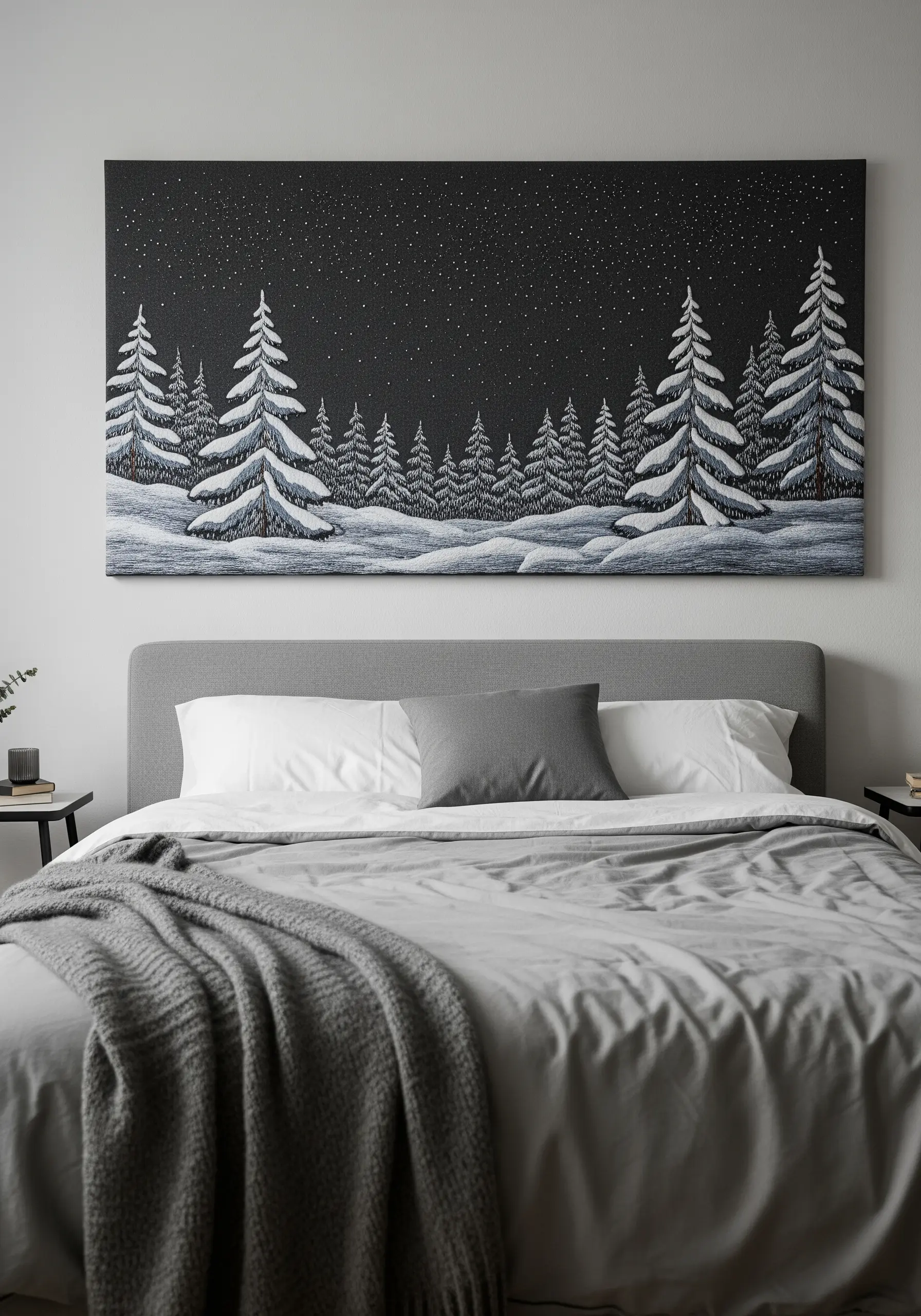 Embroidered winter forest at night with snow-covered pines on dark fabric.