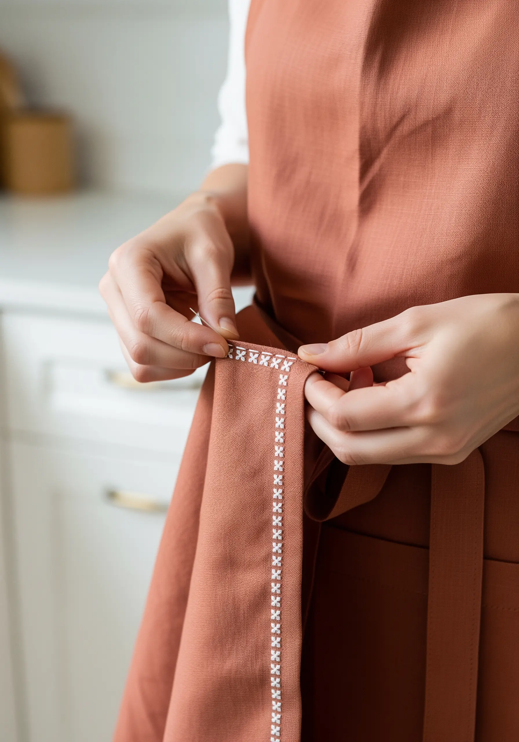 Close-up of a white cross-stitch border on a terracotta-colored linen apron.