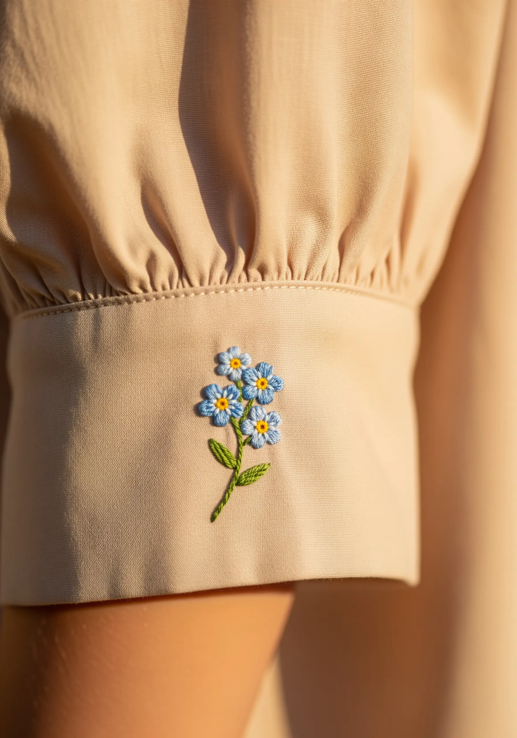 Tiny forget-me-not flowers embroidered on the cuff of a beige blouse.
