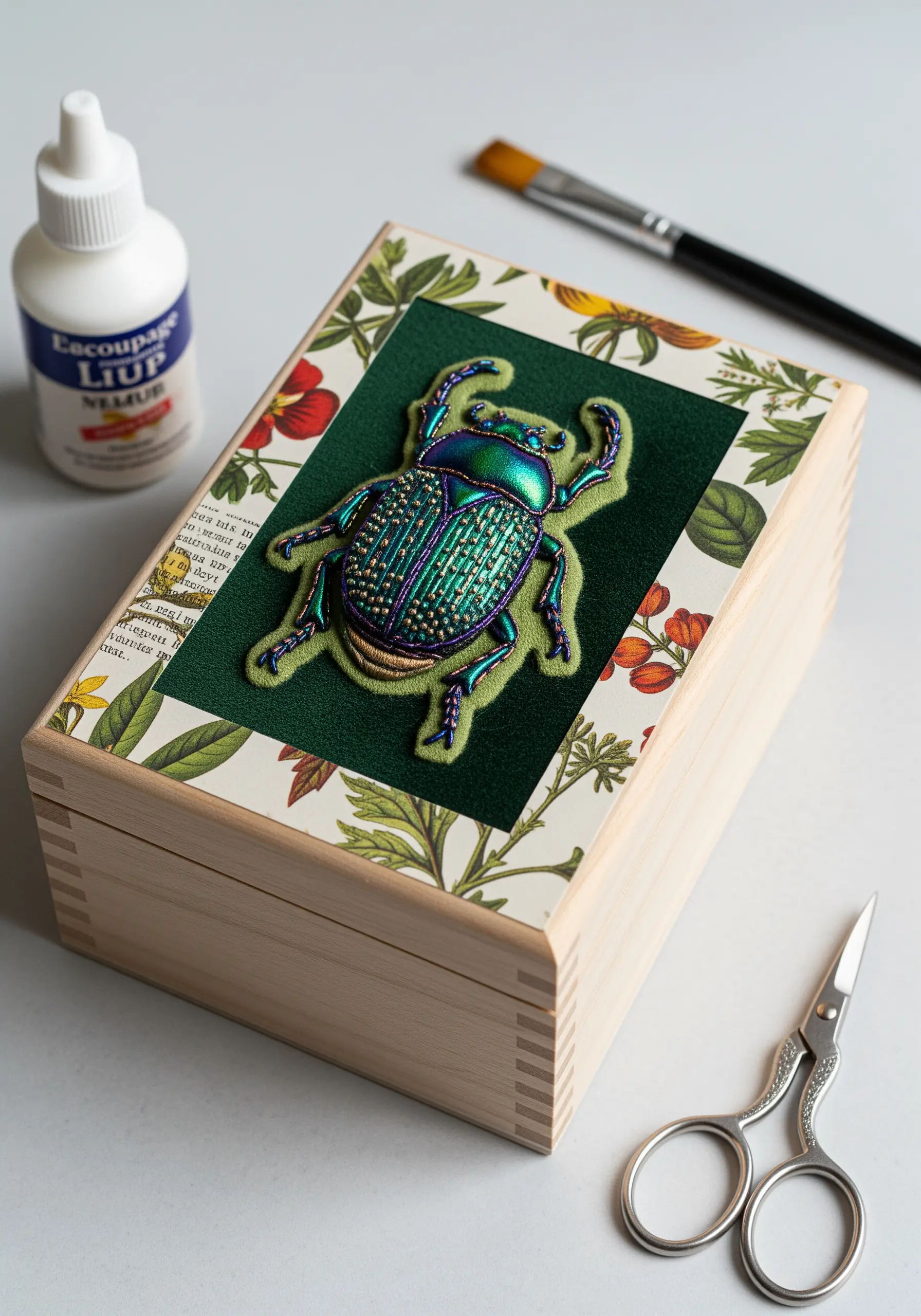 A 3D stumpwork beetle with metallic threads mounted on a decoupage wooden box.