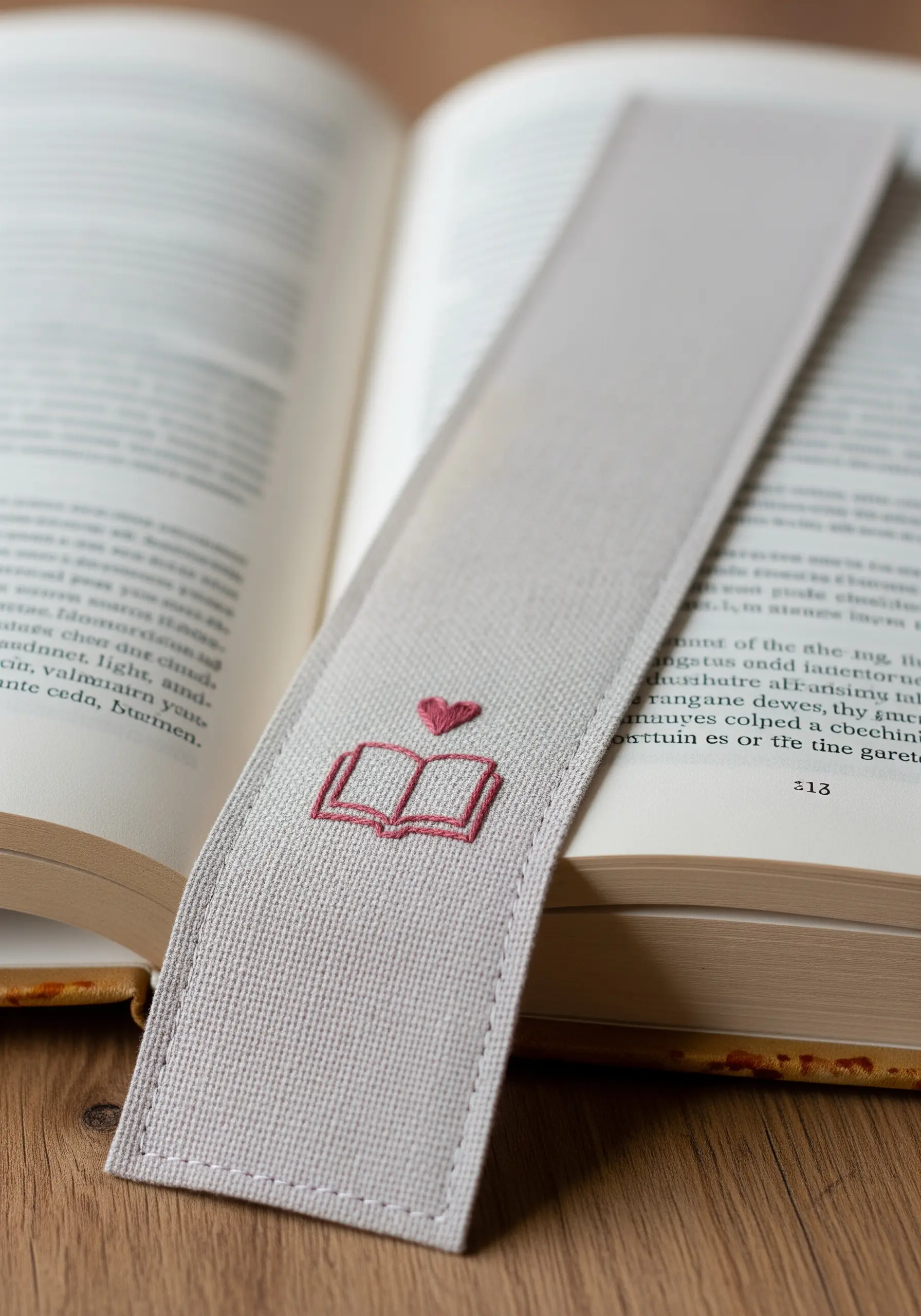 Small embroidered book and heart motif on a handmade fabric bookmark.