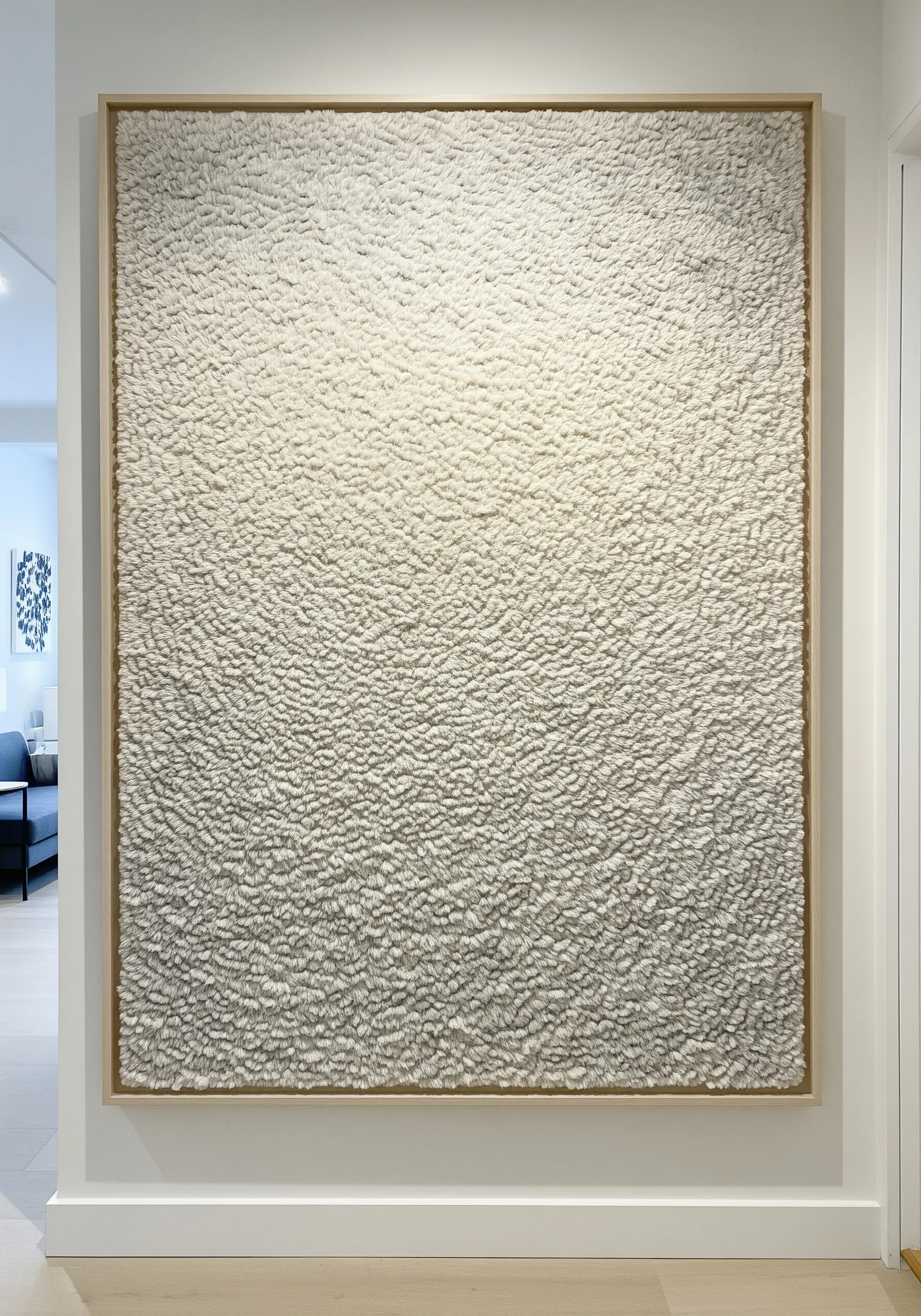 Large, framed textile art with a dense, fluffy white texture created with trimmed turkey stitch.