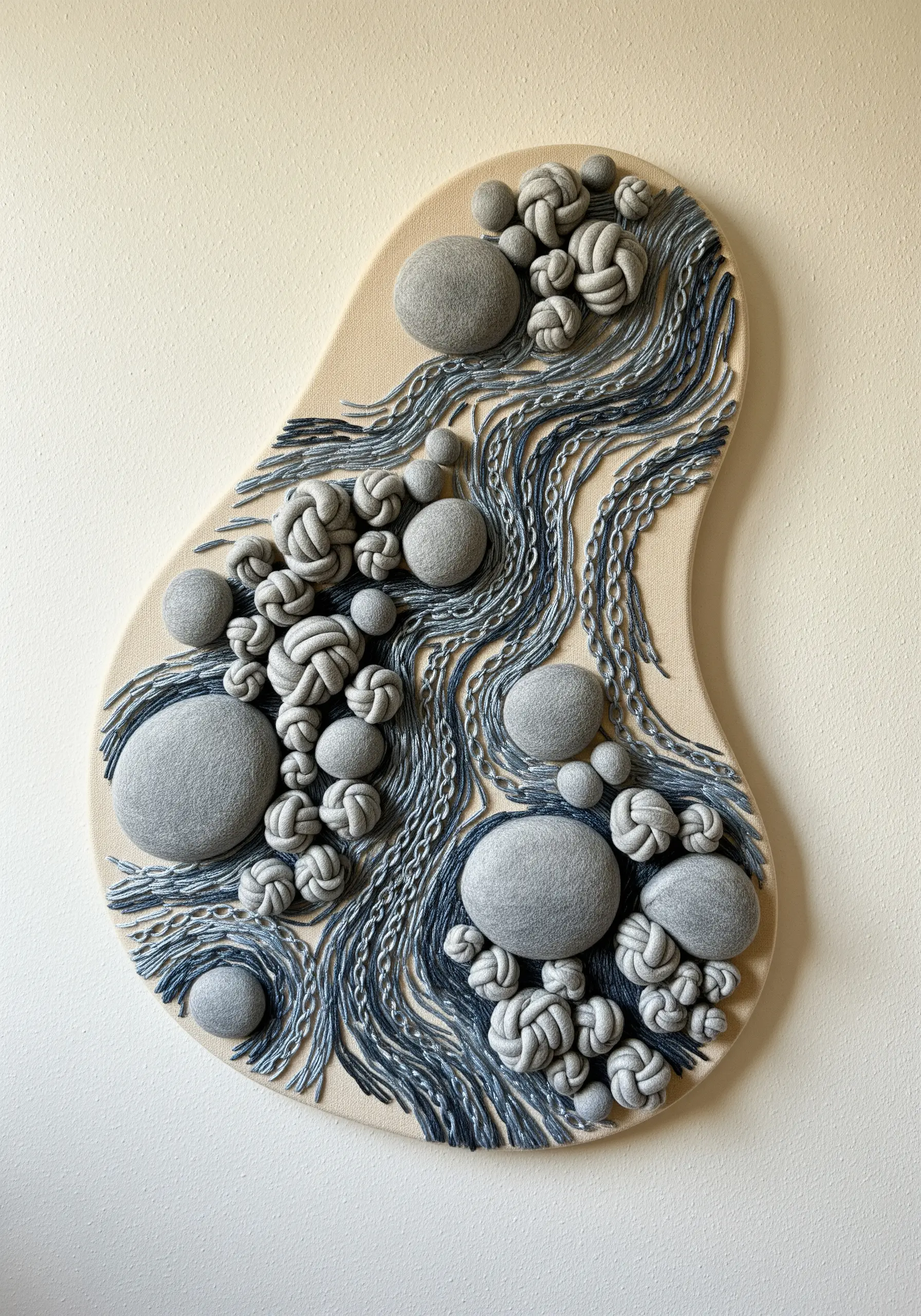 Abstract 3D fiber art with gray knots, fabric pebbles, and couched yarn.