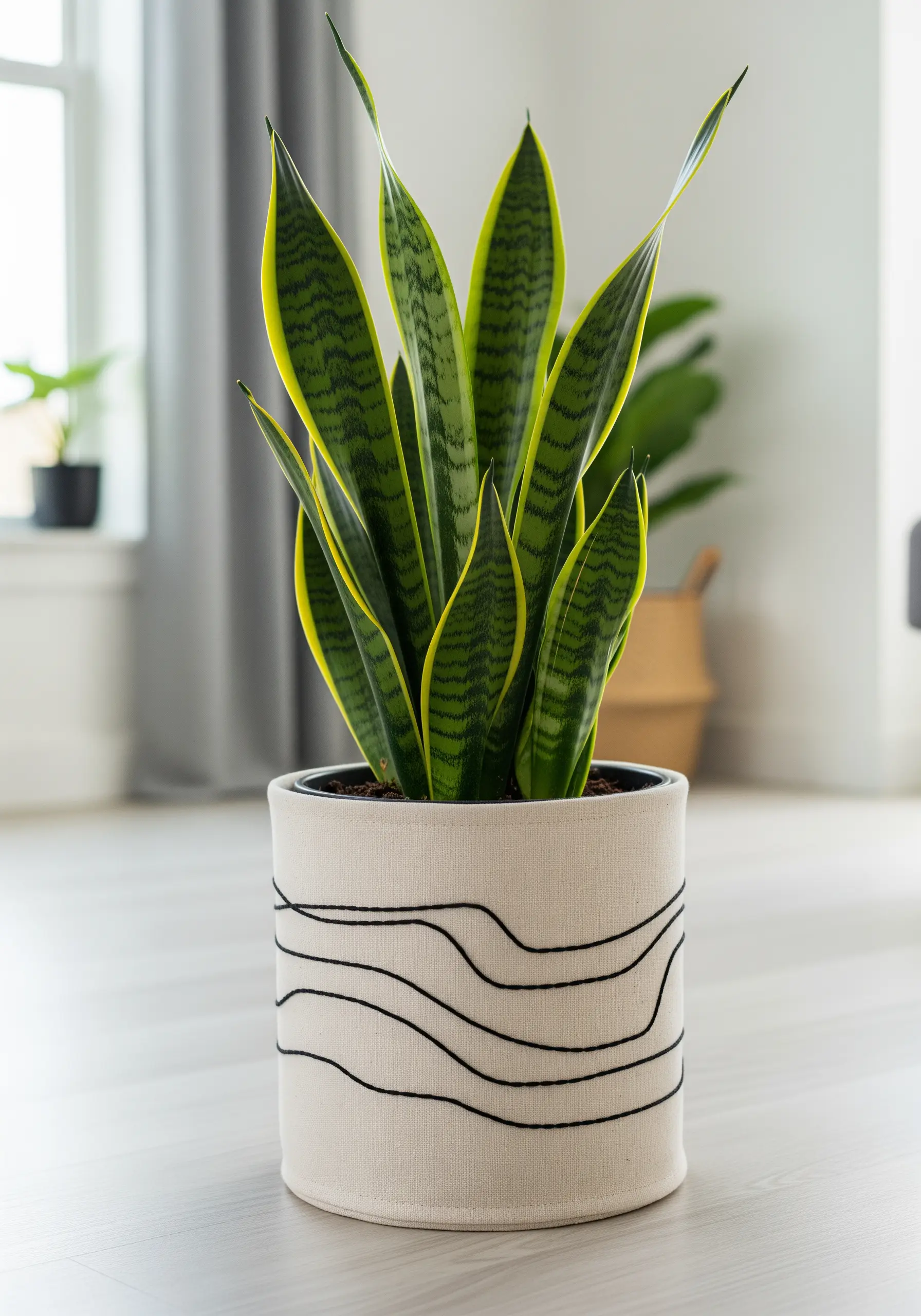 A fabric planter cover with an abstract, wavy line pattern embroidered in black thread.