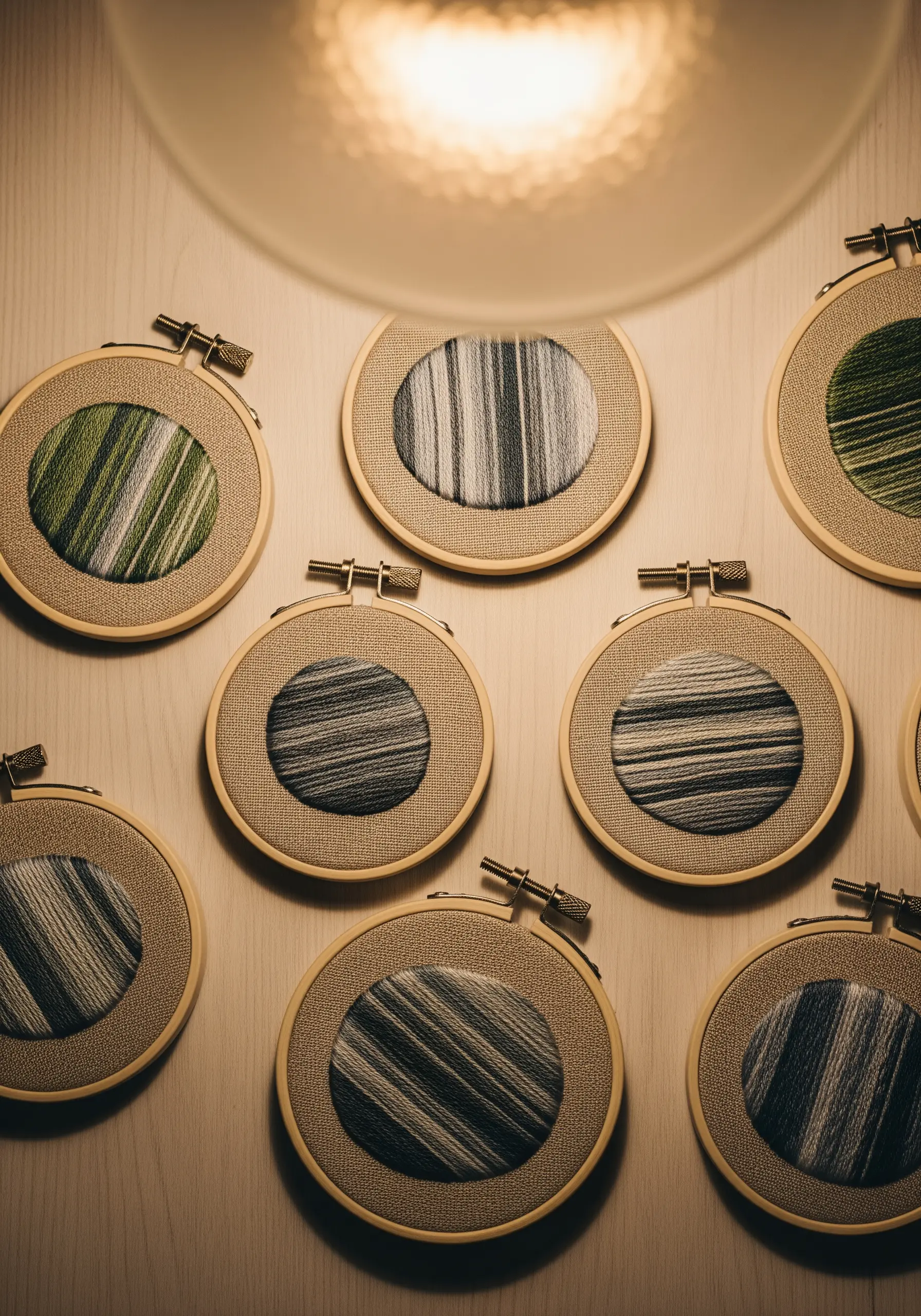 Collection of small embroidery hoops with abstract satin stitch patterns.