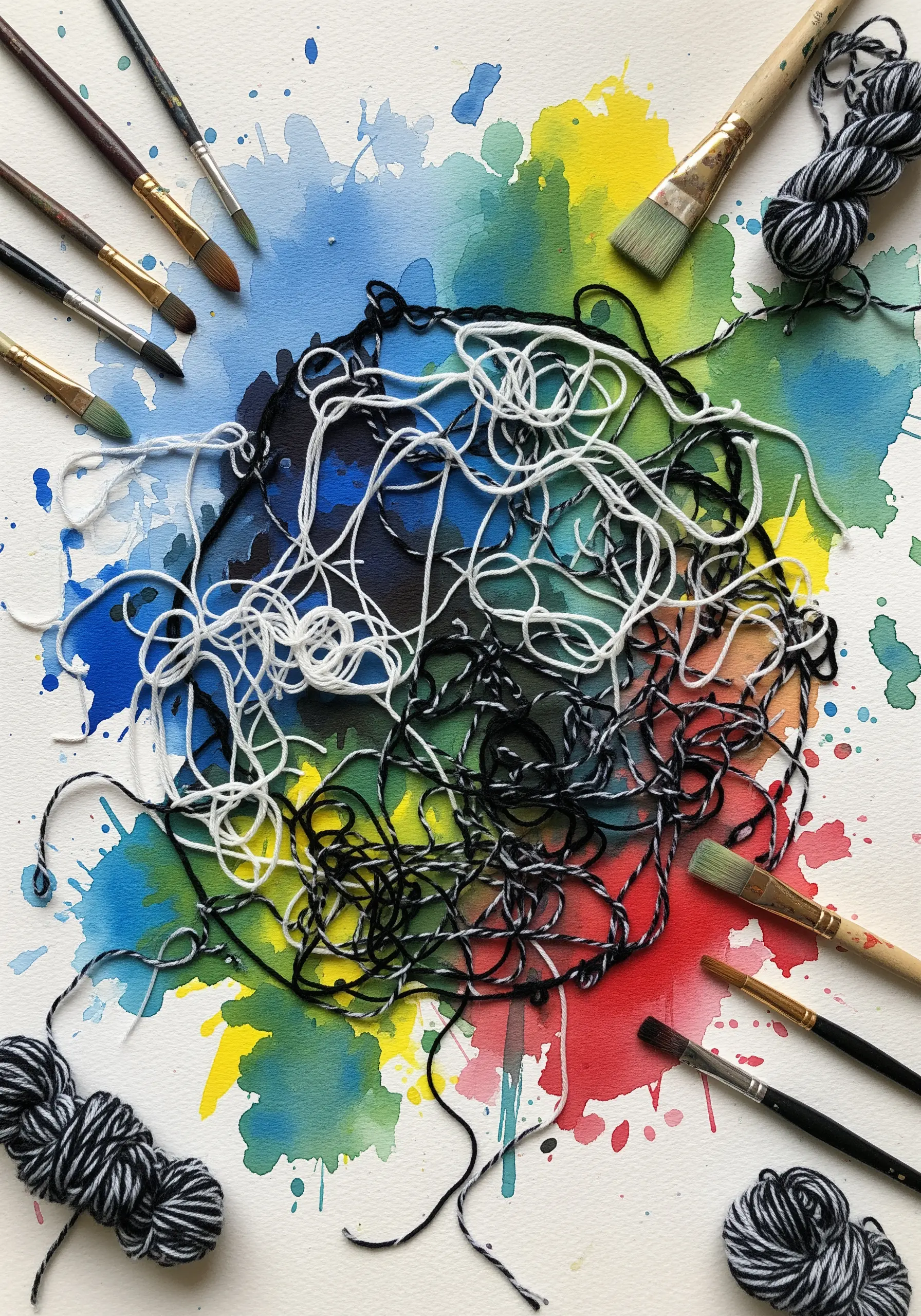 Tangled black and white yarn couched onto a colorful abstract watercolor background.