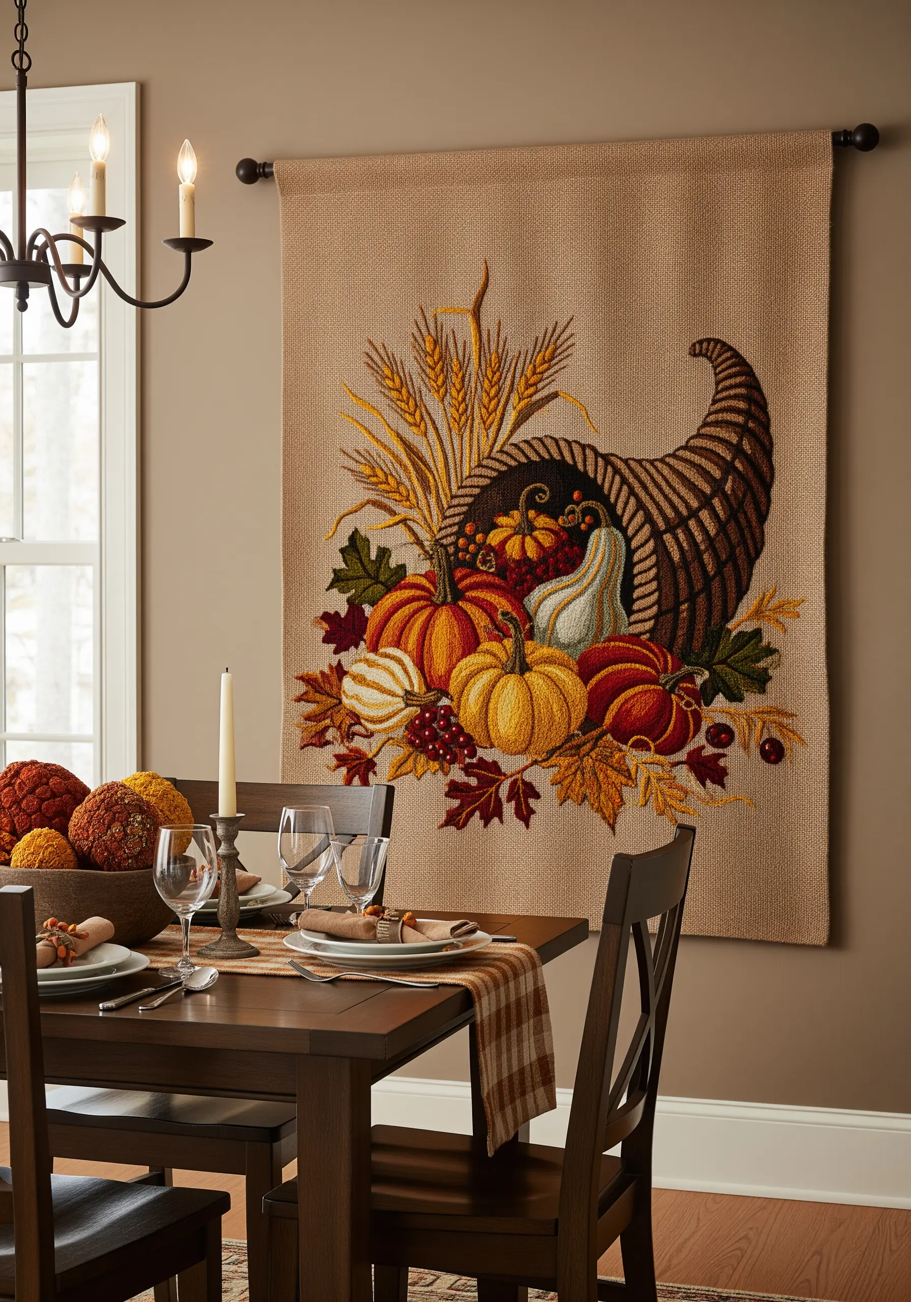 A large Thanksgiving tapestry with a cornucopia filled with pumpkins and gourds.