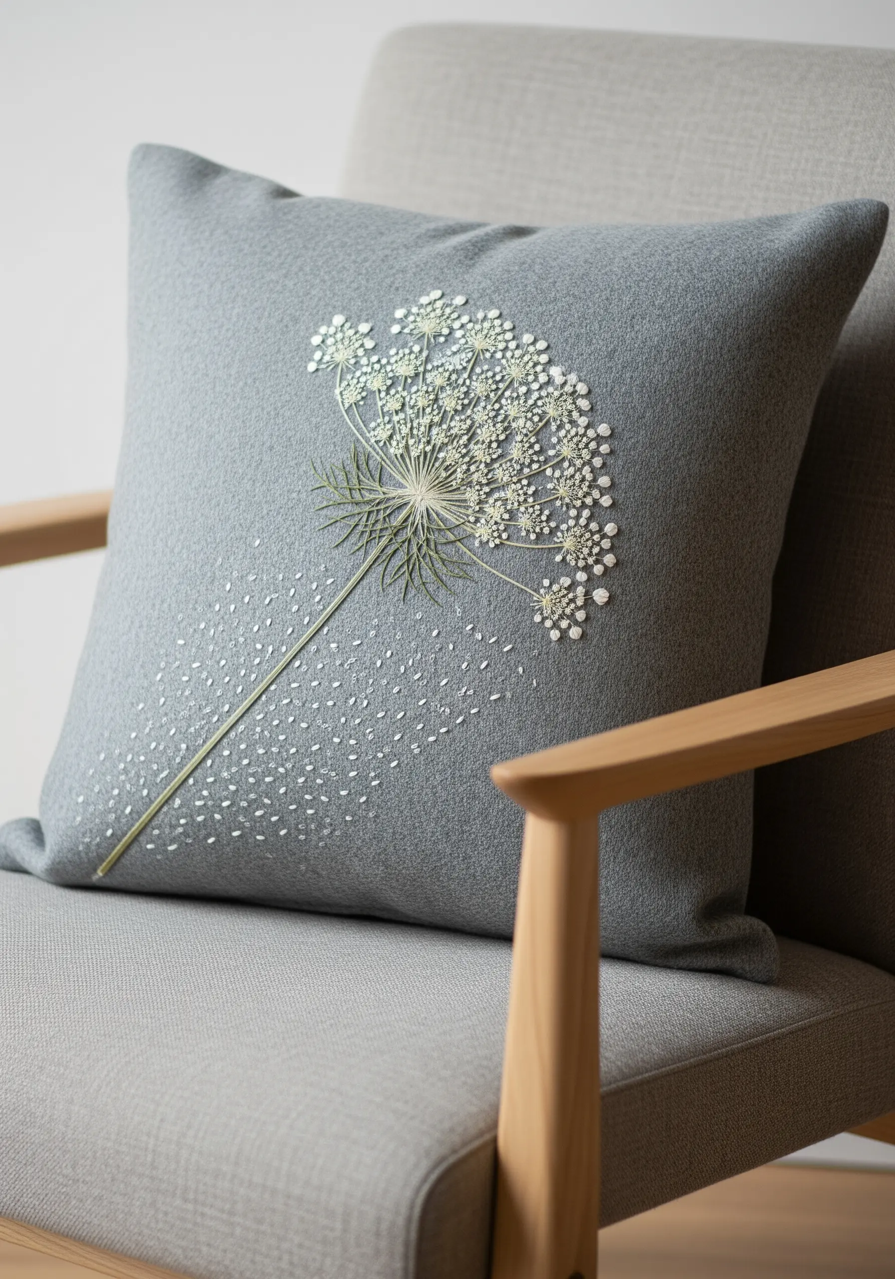 Pressed Queen Anne's Lace on a gray cushion with scattered white French knots.