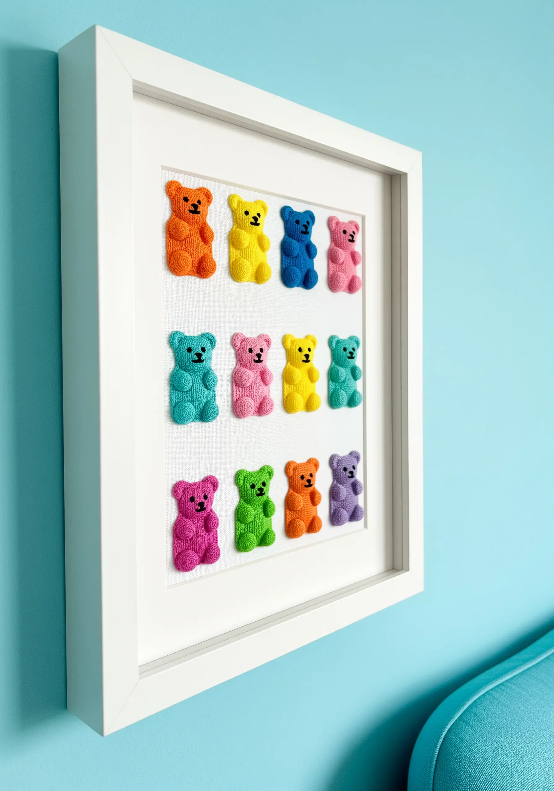 A grid of colorful, 3D embroidered gummy bears in a white frame.