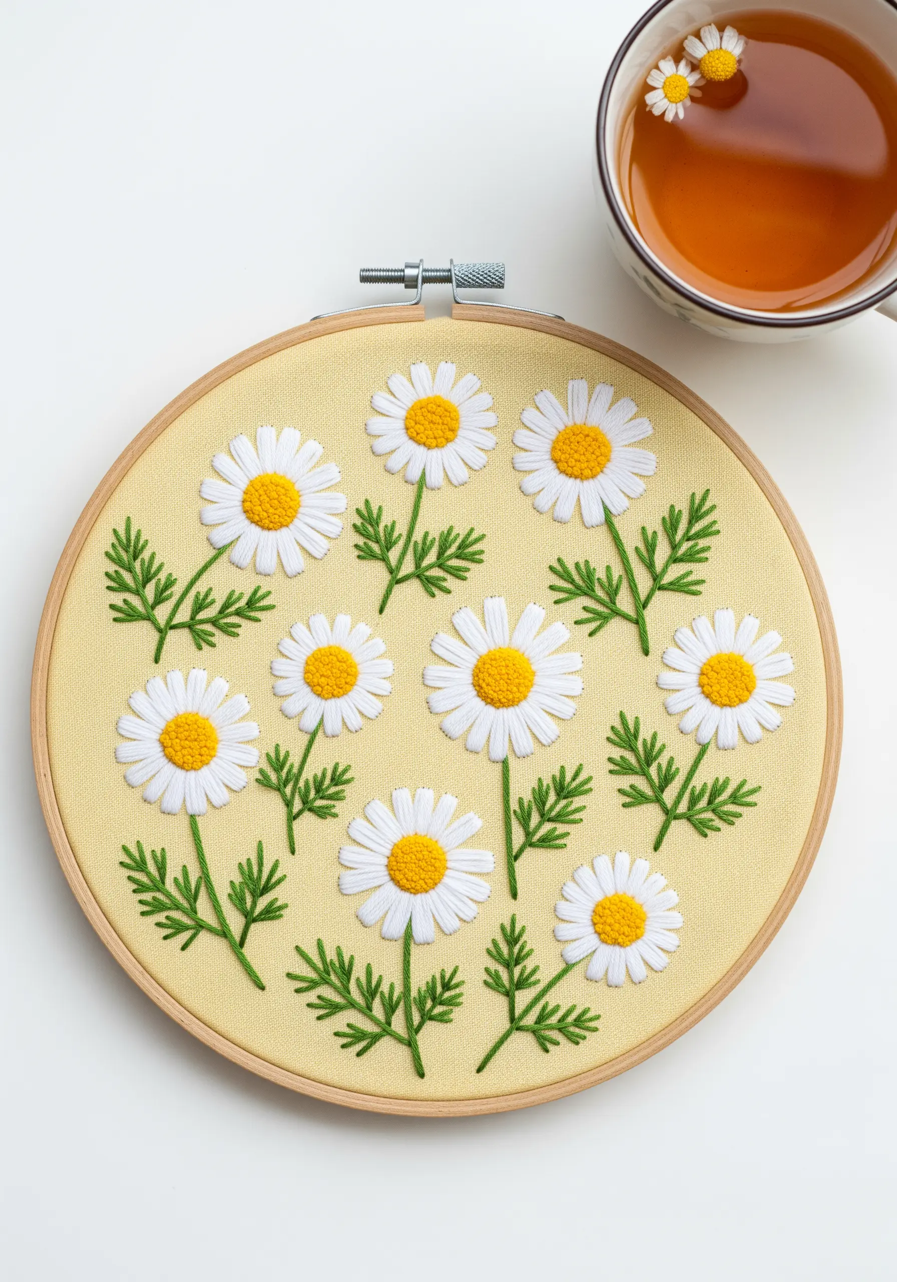 Neatly arranged chamomile flowers with white petals and yellow centers embroidered on yellow fabric.