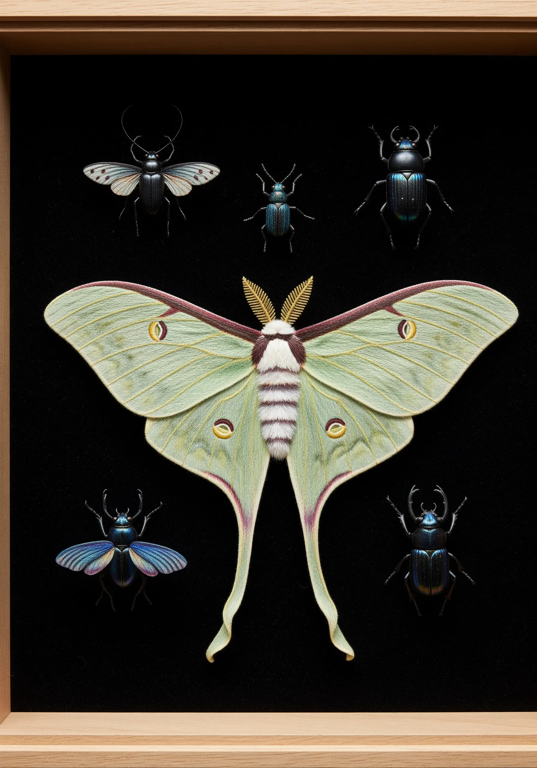 A hyper-realistic thread-painted embroidery of a luna moth and several jewel-toned beetles.