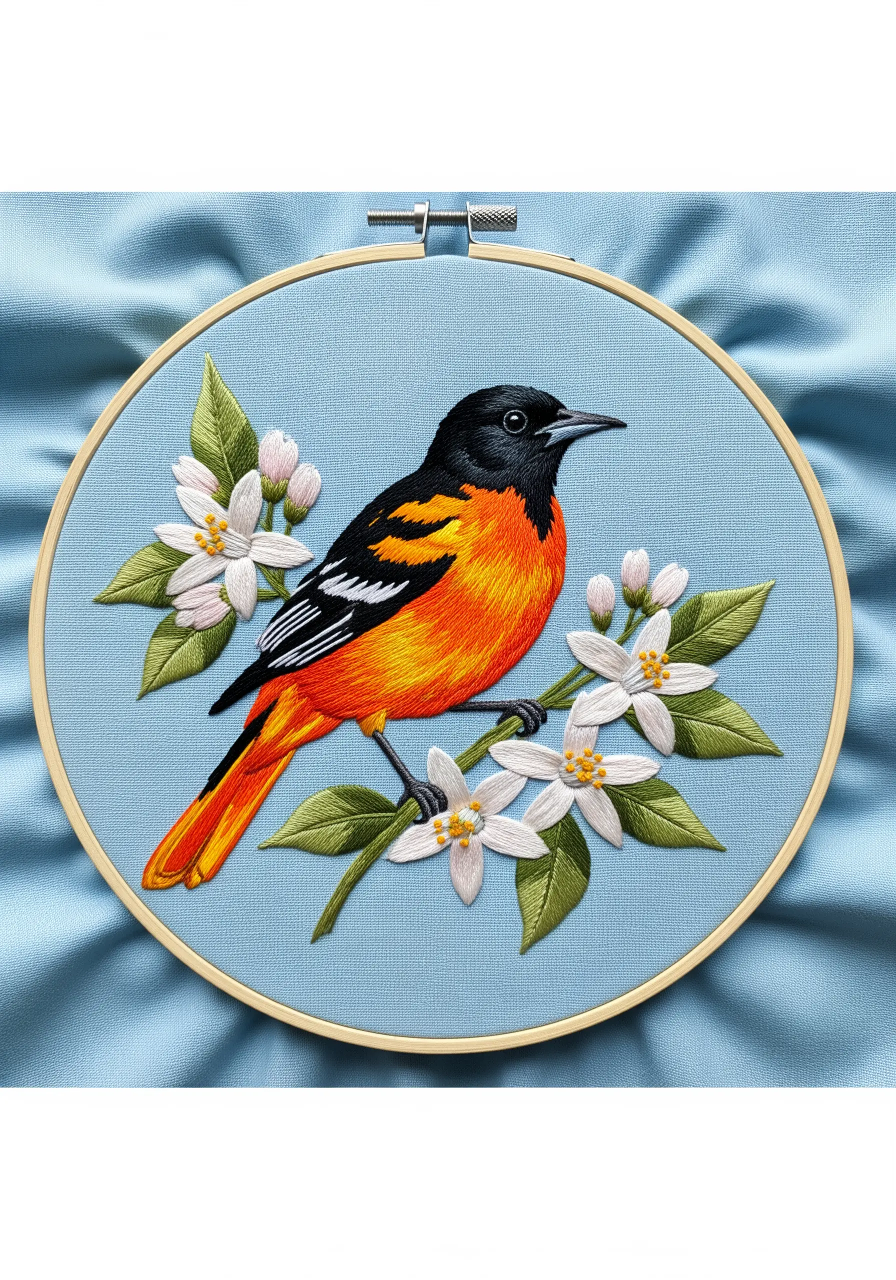 An embroidered Baltimore Oriole with a vibrant orange and yellow gradient.