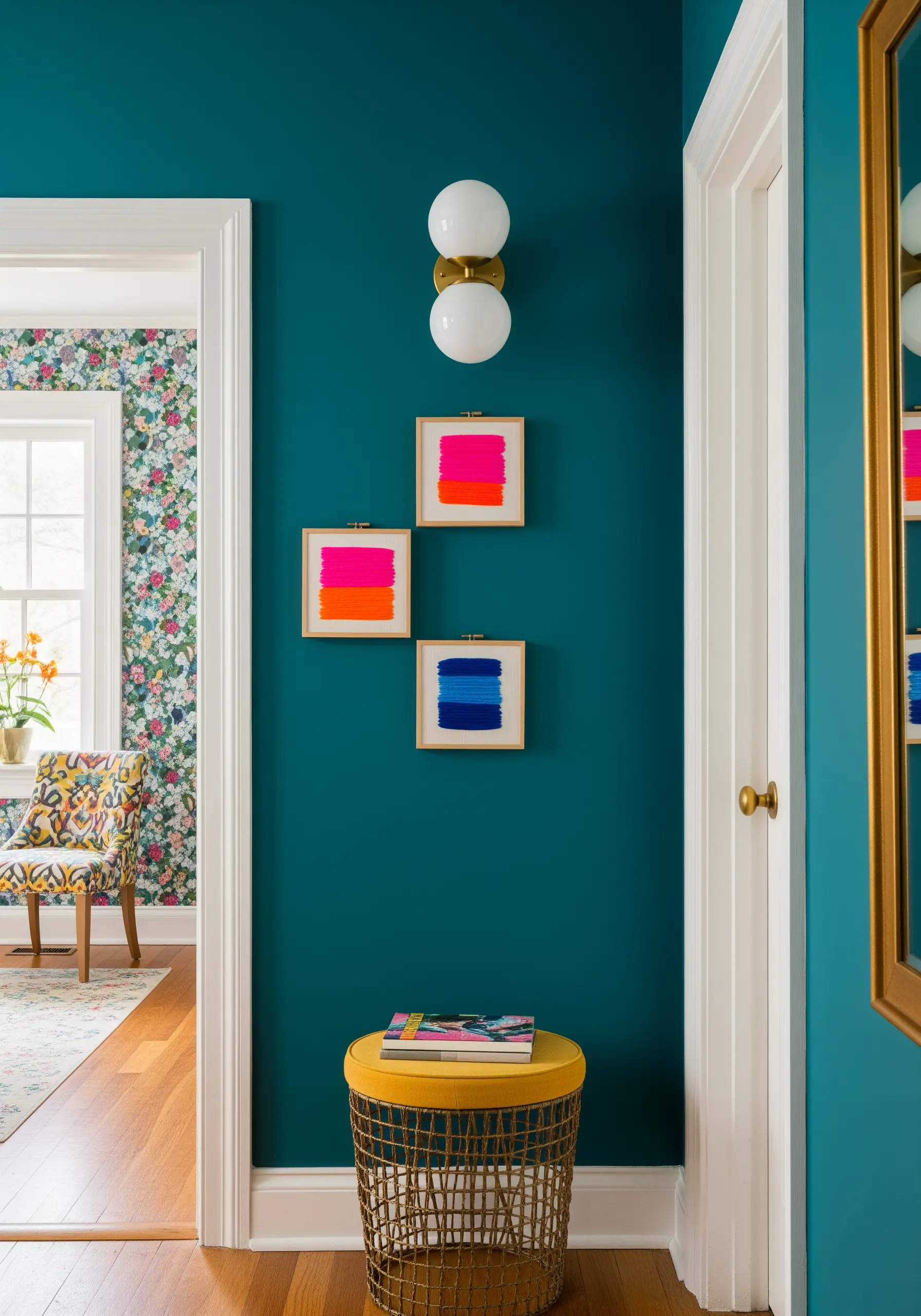 Three small, square-framed embroidery pieces with vibrant pink, orange, and blue satin stitch blocks.