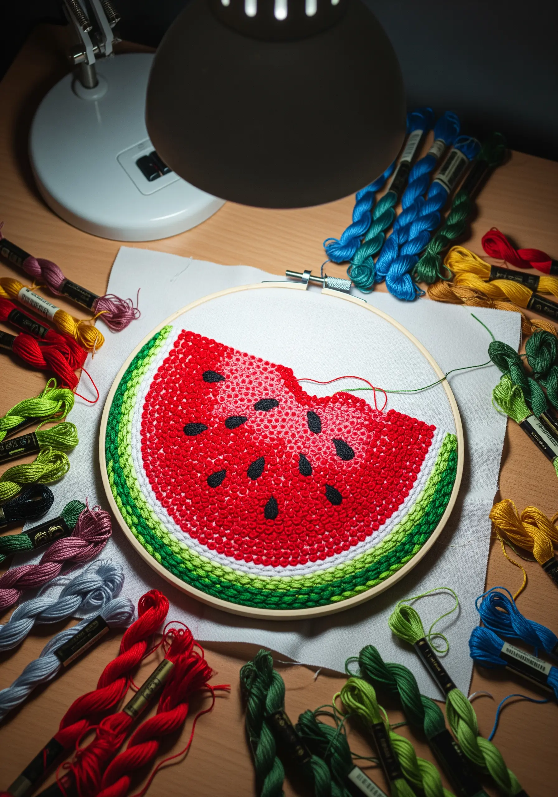 An embroidery hoop showing a slice of watermelon made entirely of red, green, and white French knots.