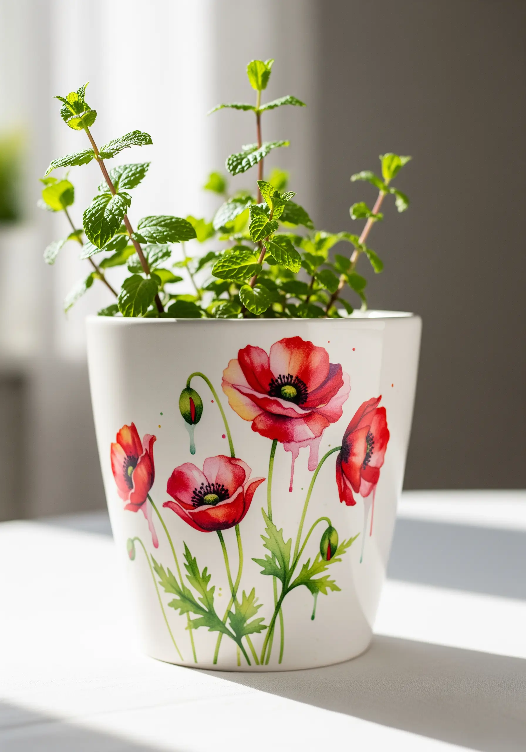 A white ceramic planter featuring a delicate watercolor-style painting of red poppies.