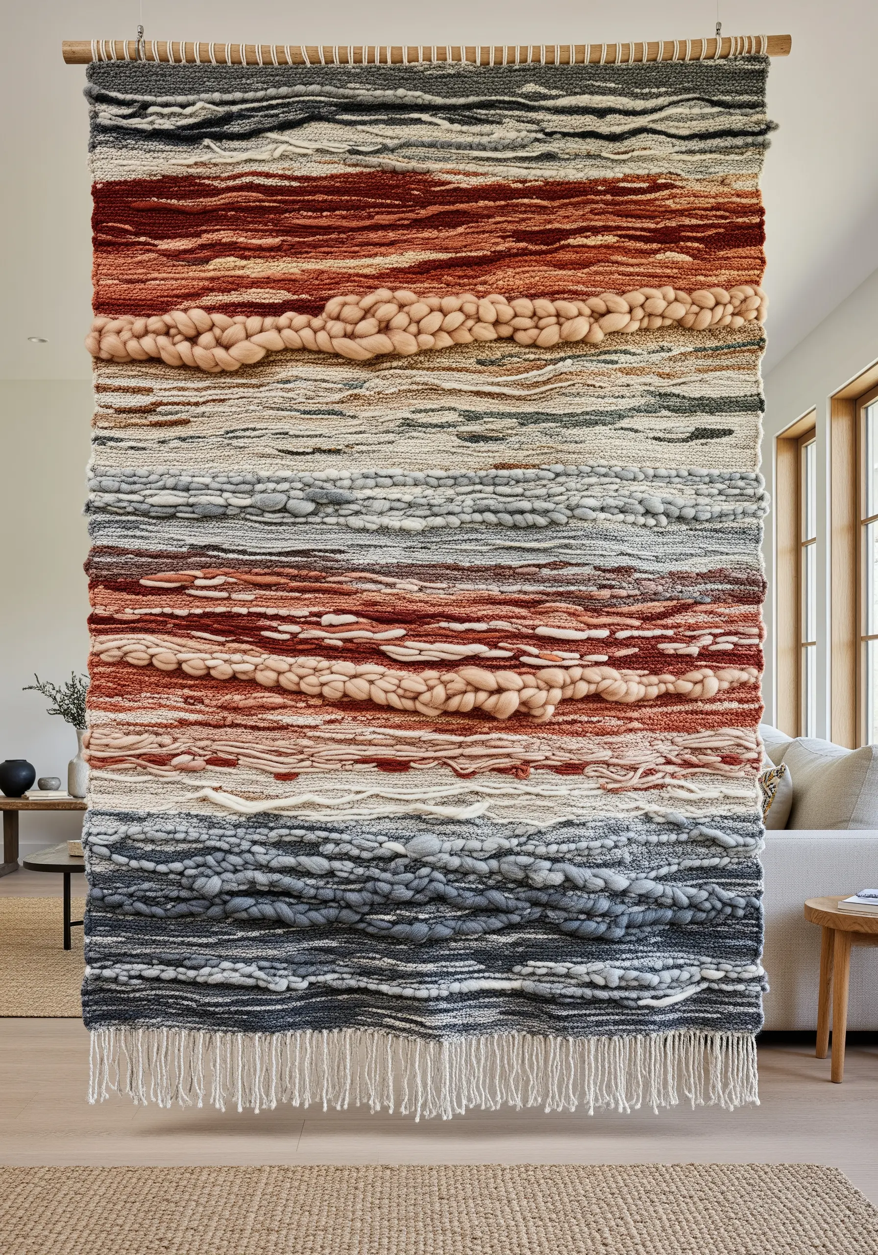 A large woven wall hanging with horizontal bands of textured yarn and wool roving in earthy tones.