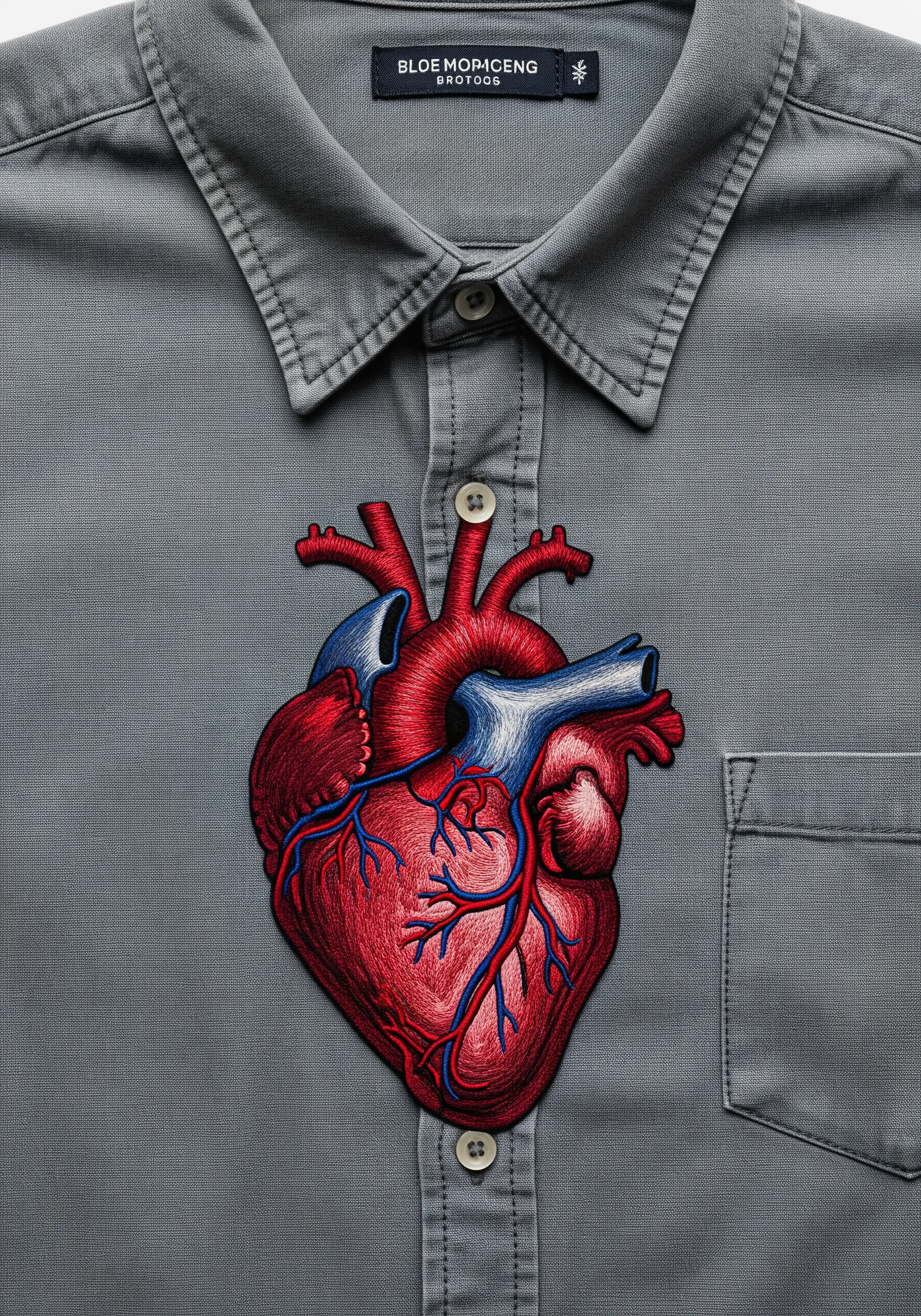 A large, anatomically correct heart embroidered in realistic shades of red and blue on a gray shirt.