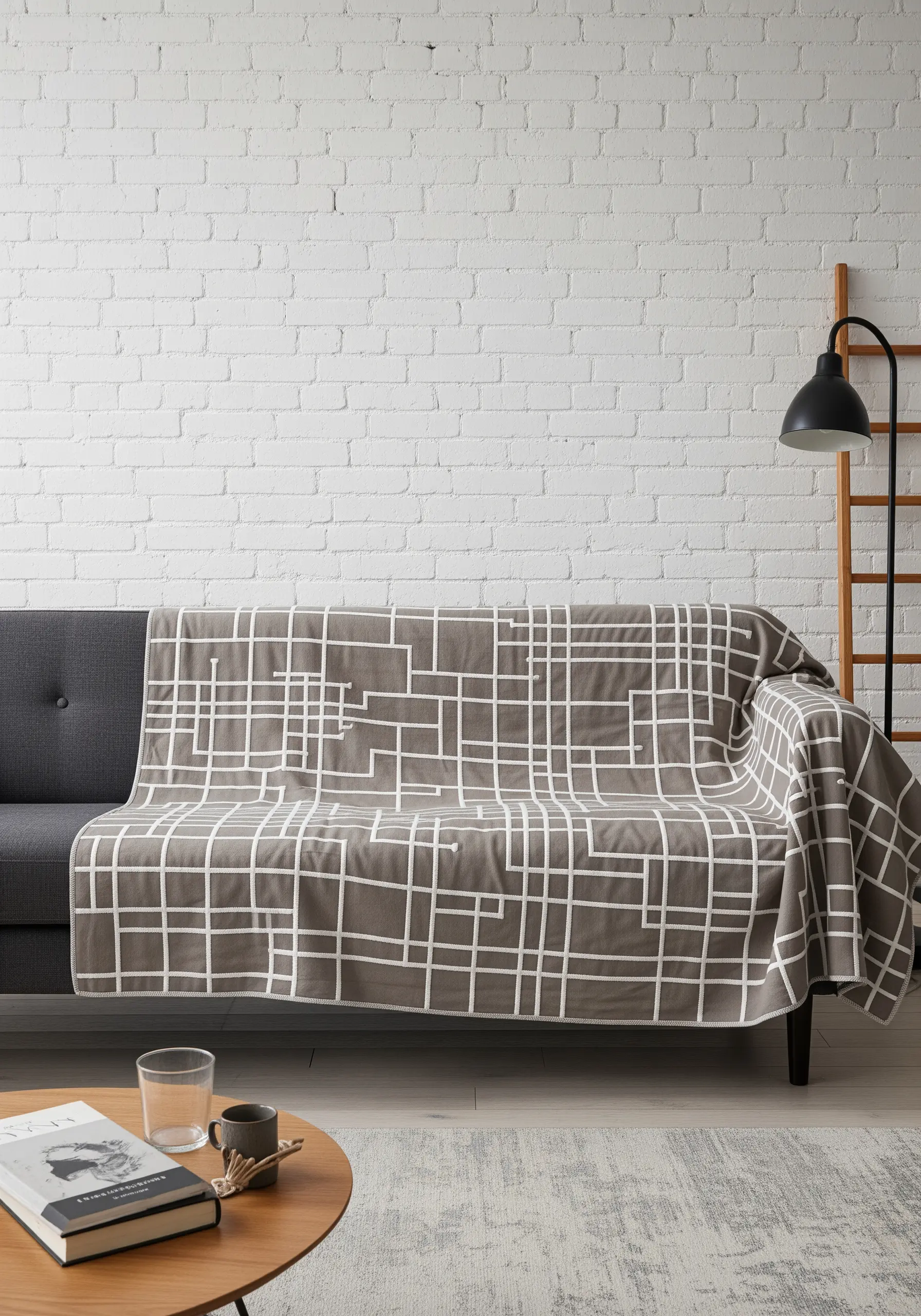 A modern grid pattern in white thread on a dark grey-brown throw blanket.