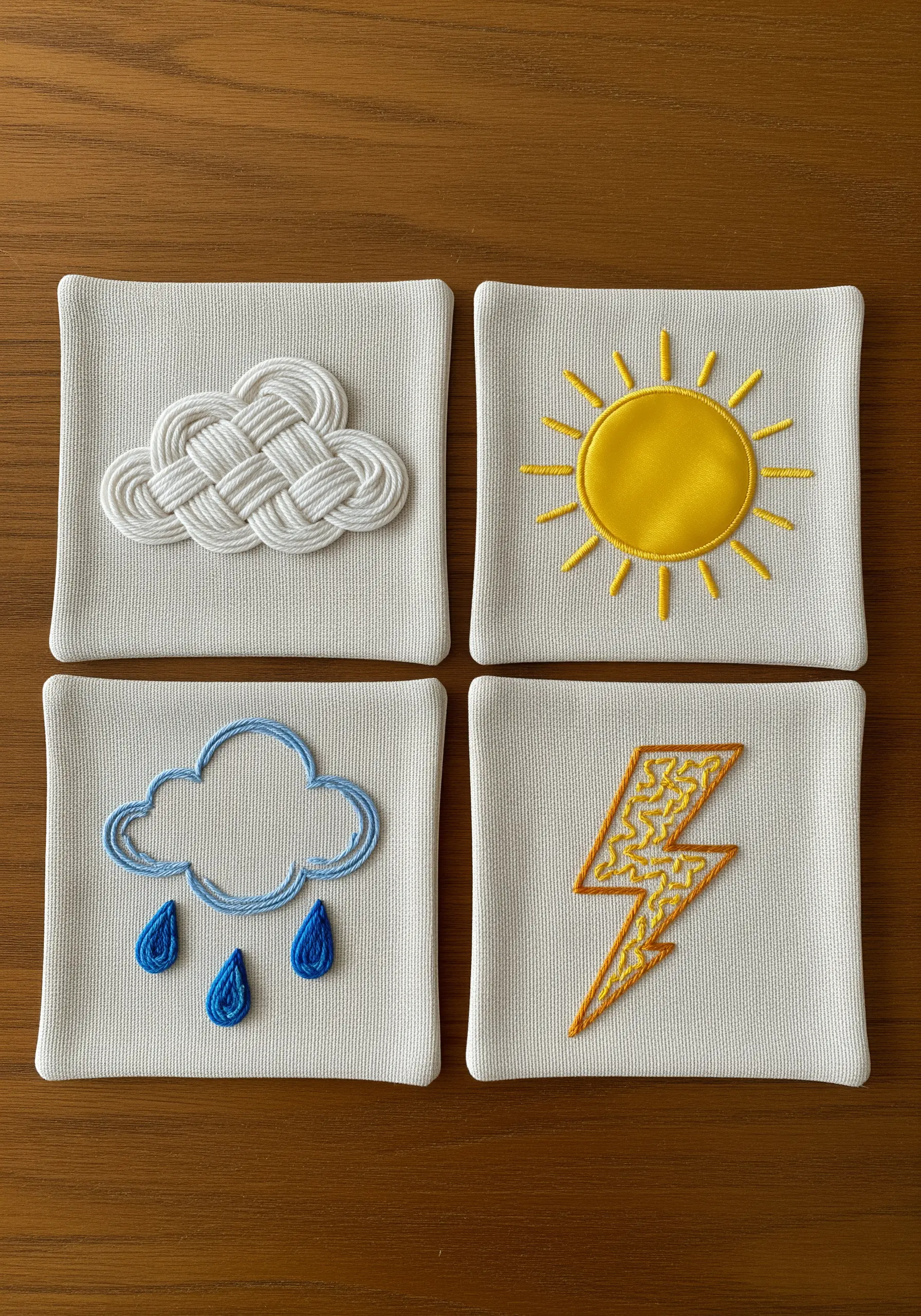 Four embroidered coasters with weather icons: a woven cloud, sun, rain cloud, and lightning bolt.