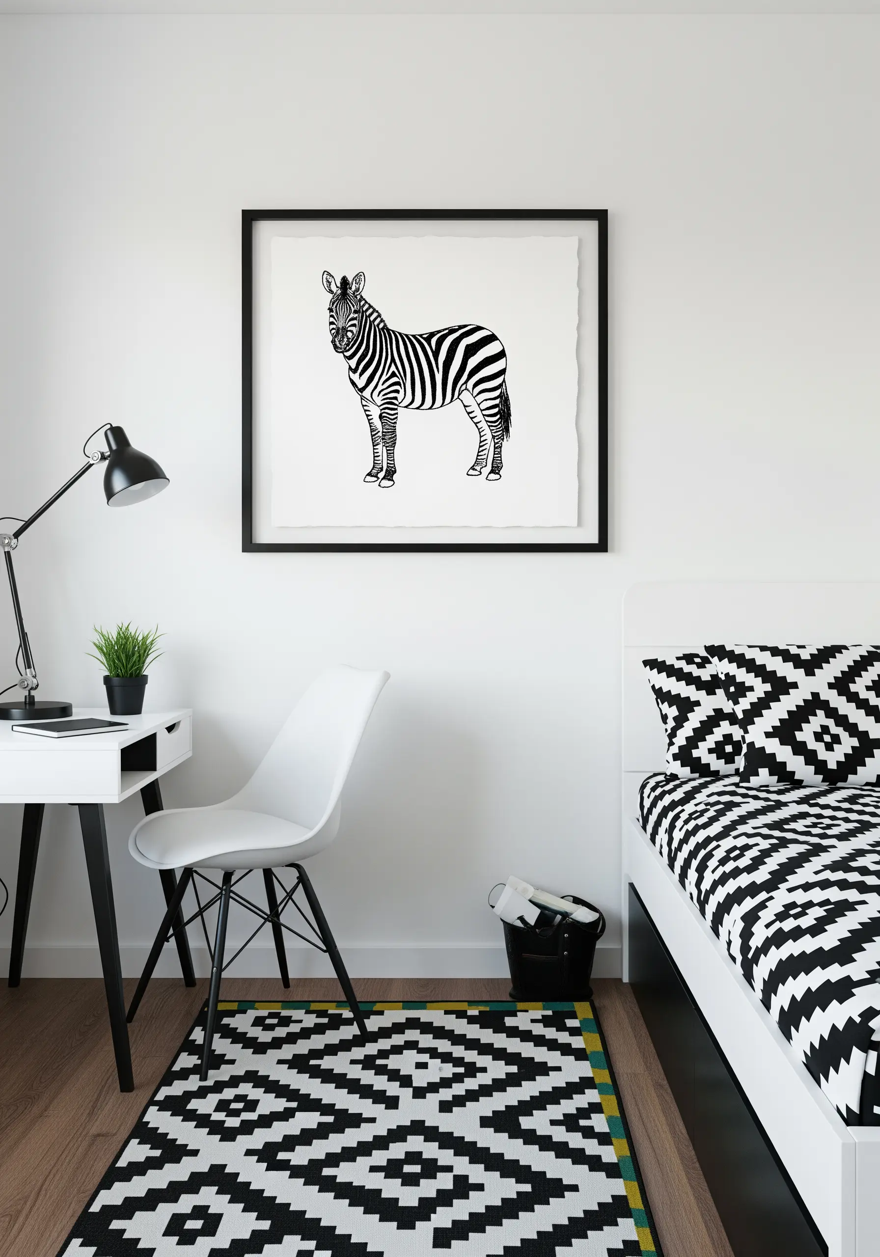 A black-and-white embroidery of a zebra with solid satin-stitched stripes, framed against a white wall.
