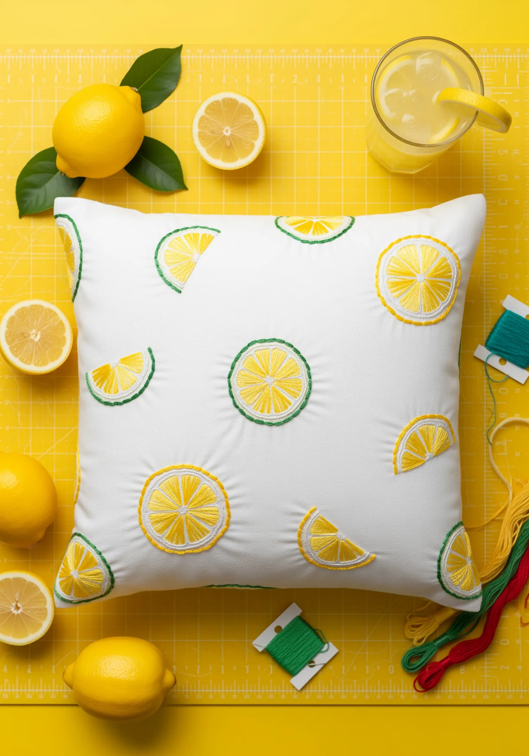 Embroidered lemon slices with yellow satin stitch and green outlines on a white cushion.