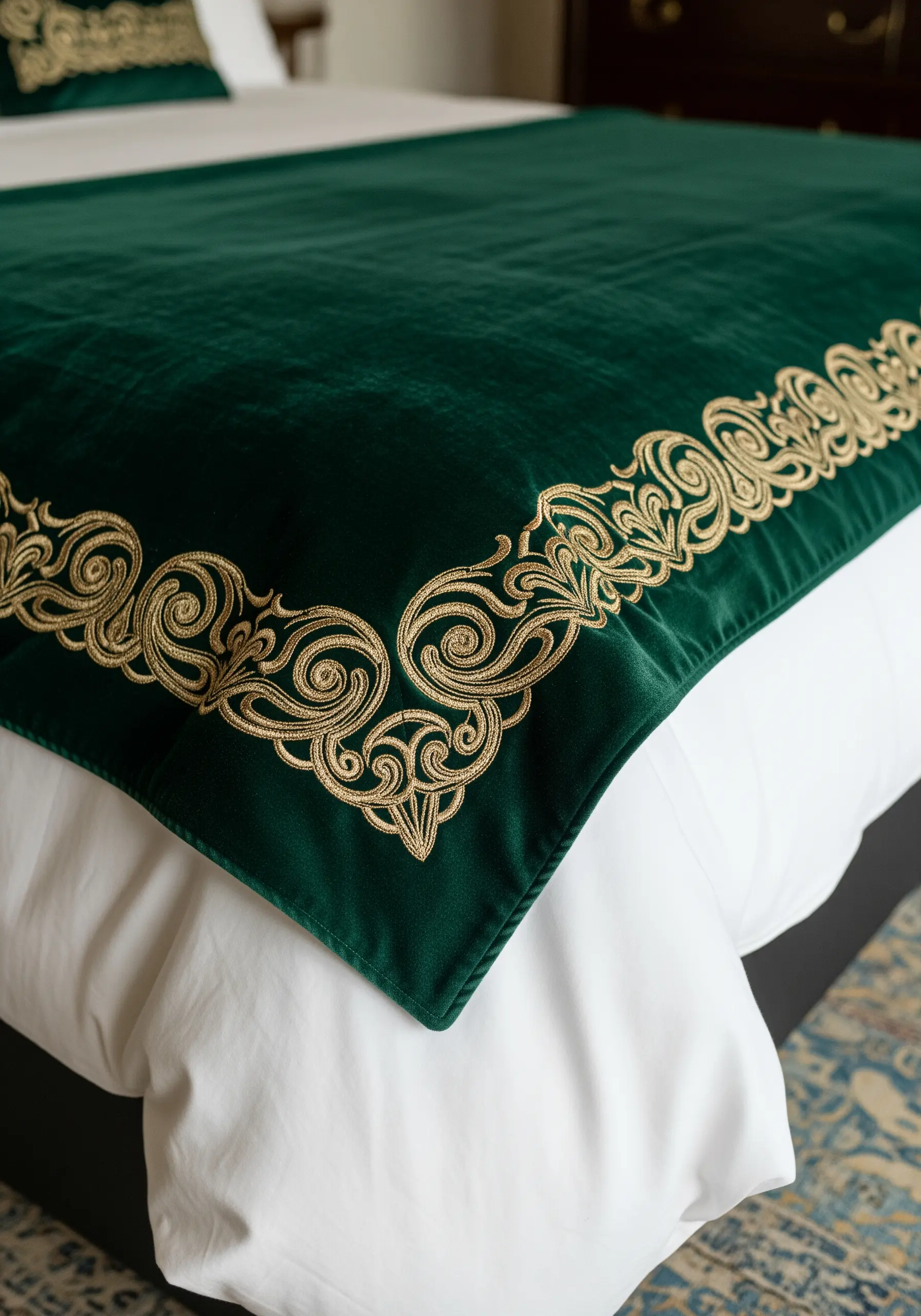 A deep green velvet bed runner with an elaborate, swirling gold embroidered border.