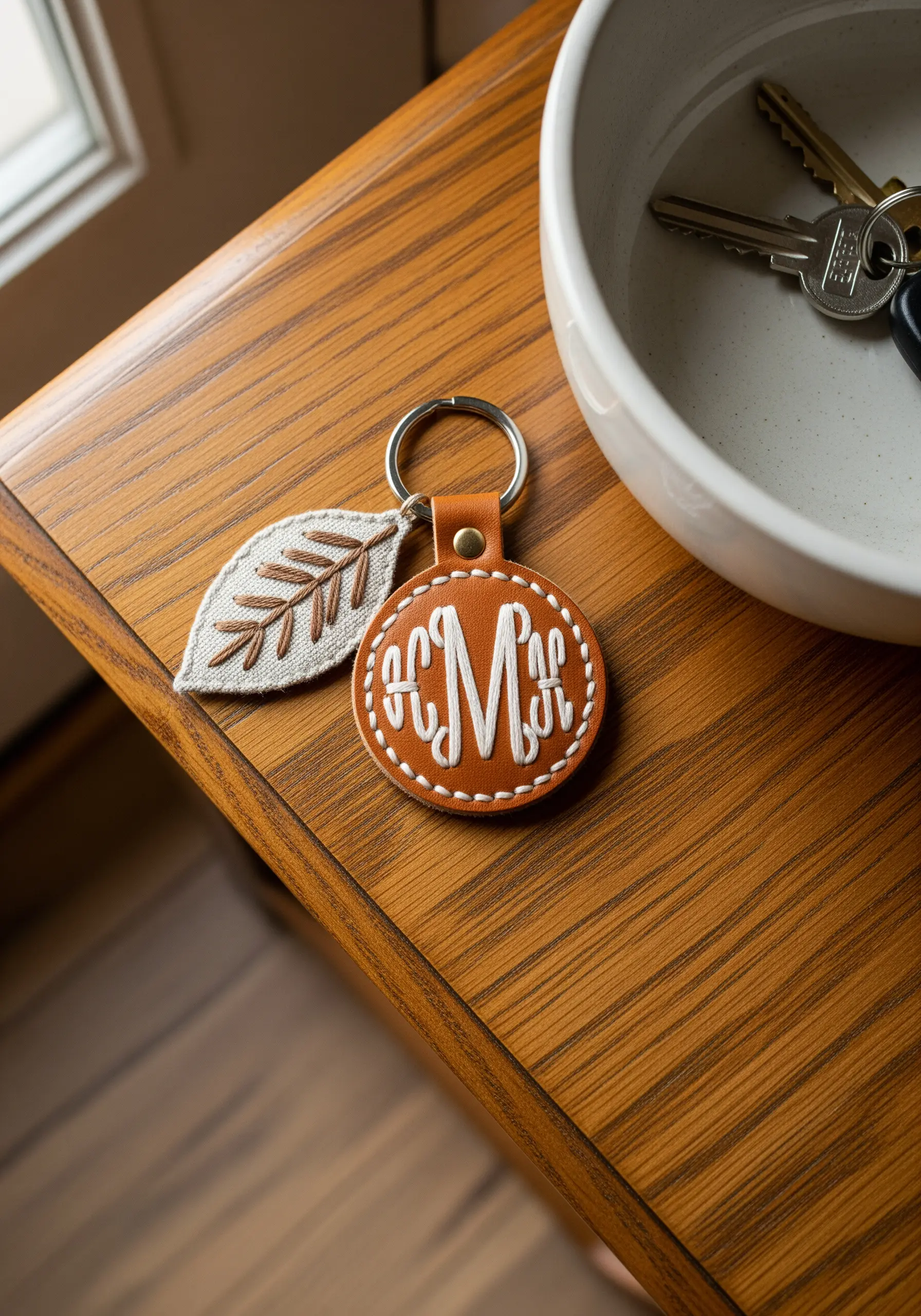 A white embroidered monogram on a brown leather keychain with a stitched leaf charm