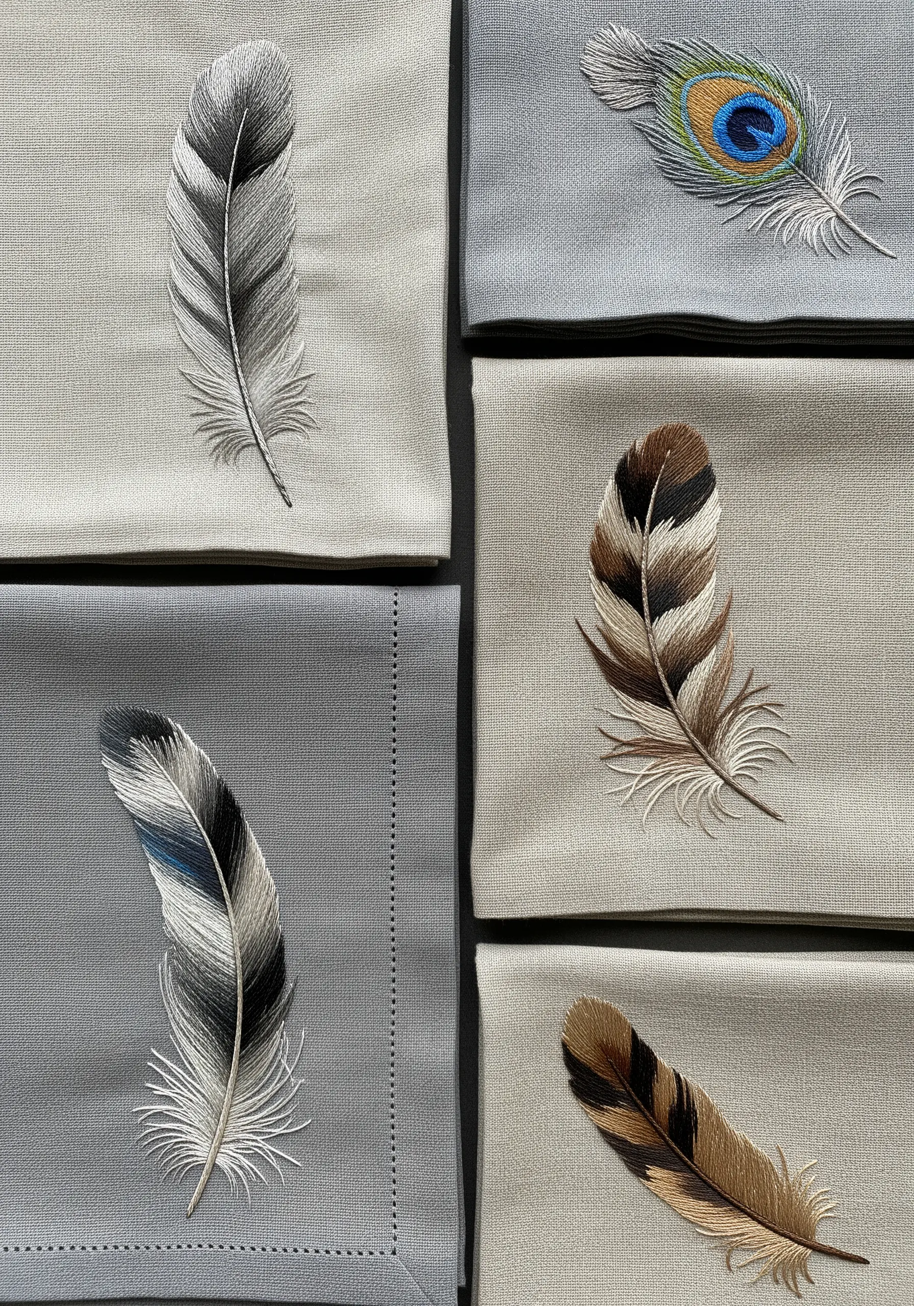 A collection of linen napkins, each embroidered with a different hyper-realistic bird feather.