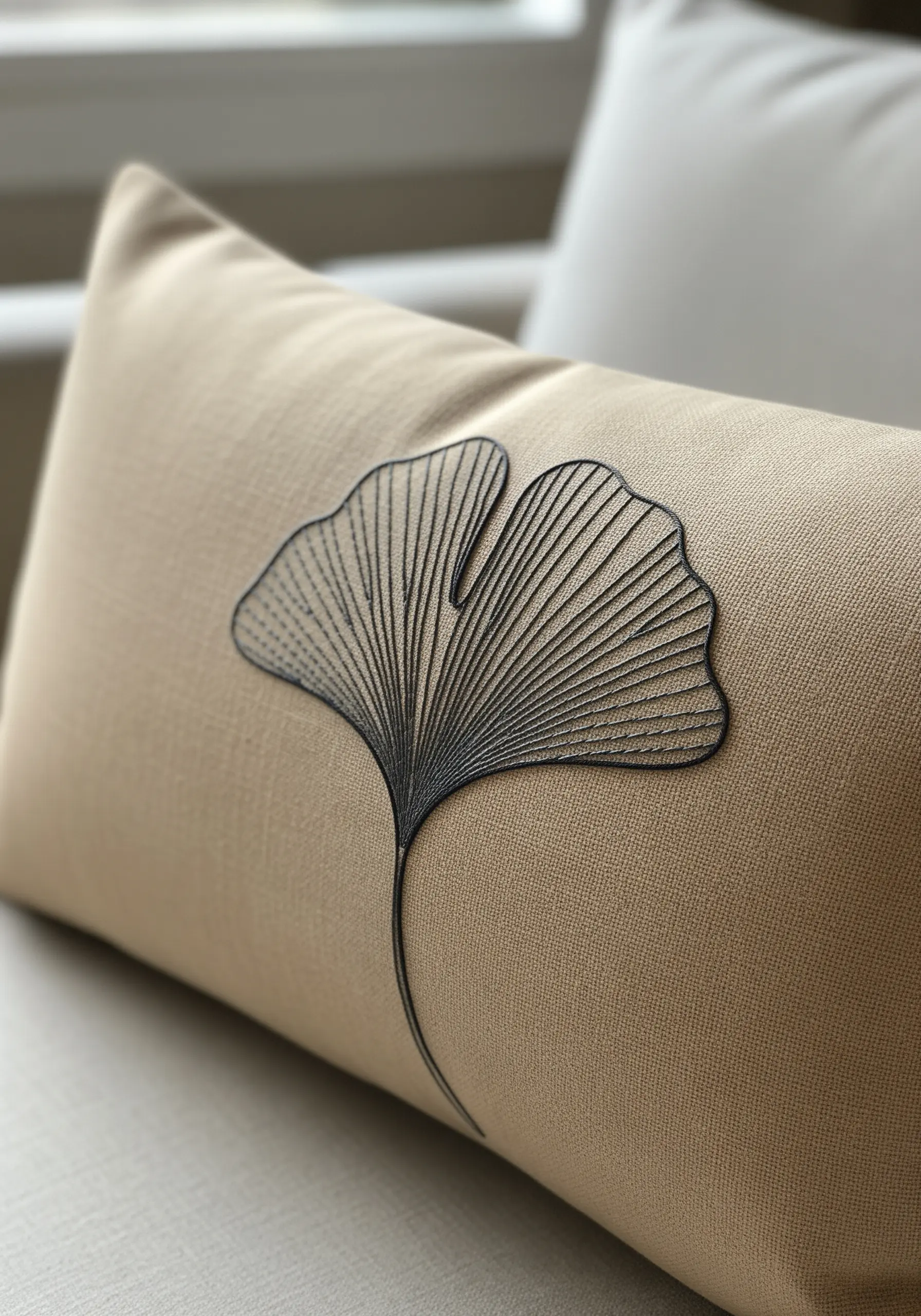 A ginkgo leaf embroidered with fine black radiating stitches on a beige lumbar pillow.