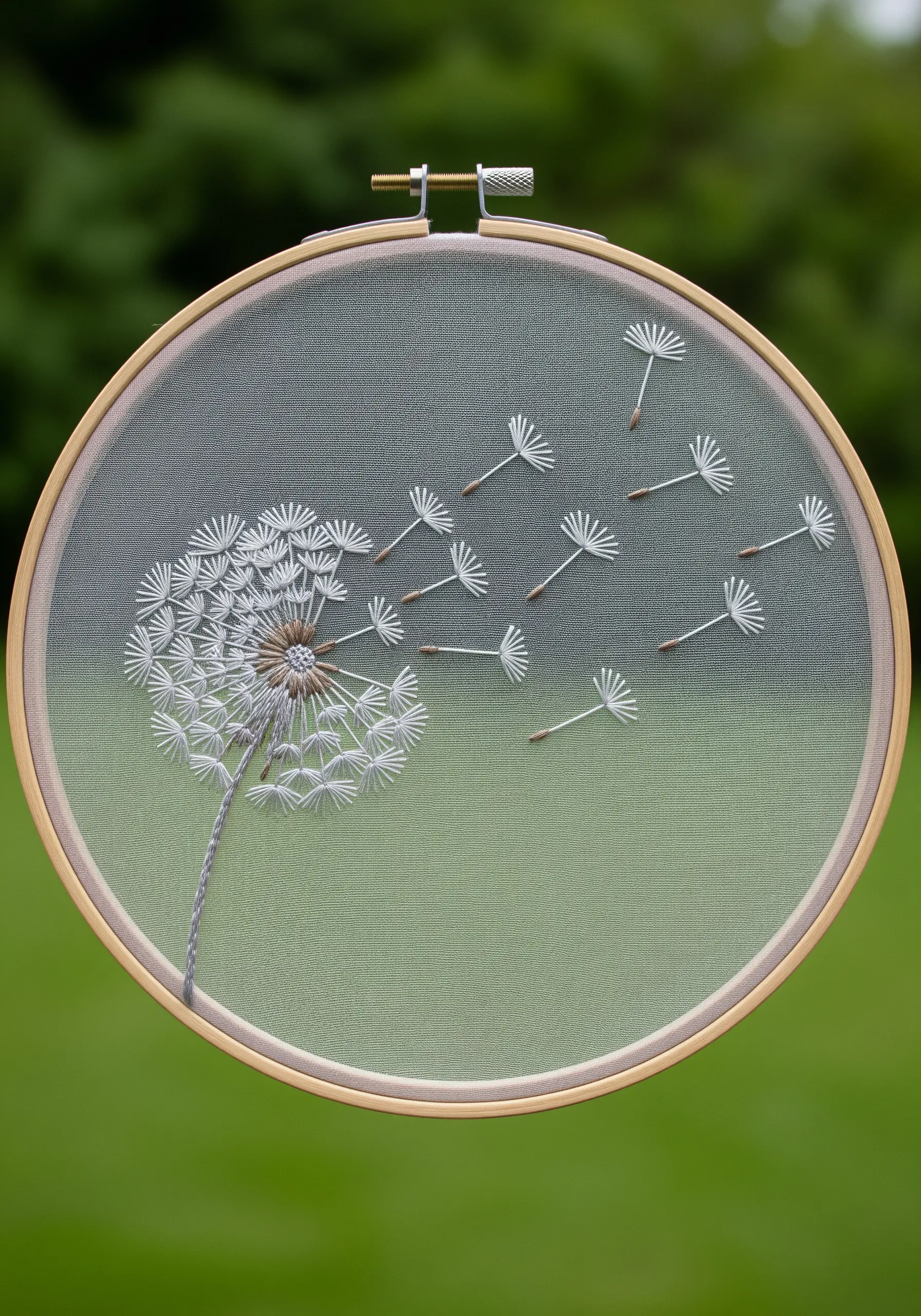 Embroidery of a dandelion seed head on sheer fabric, making the seeds look like they float.
