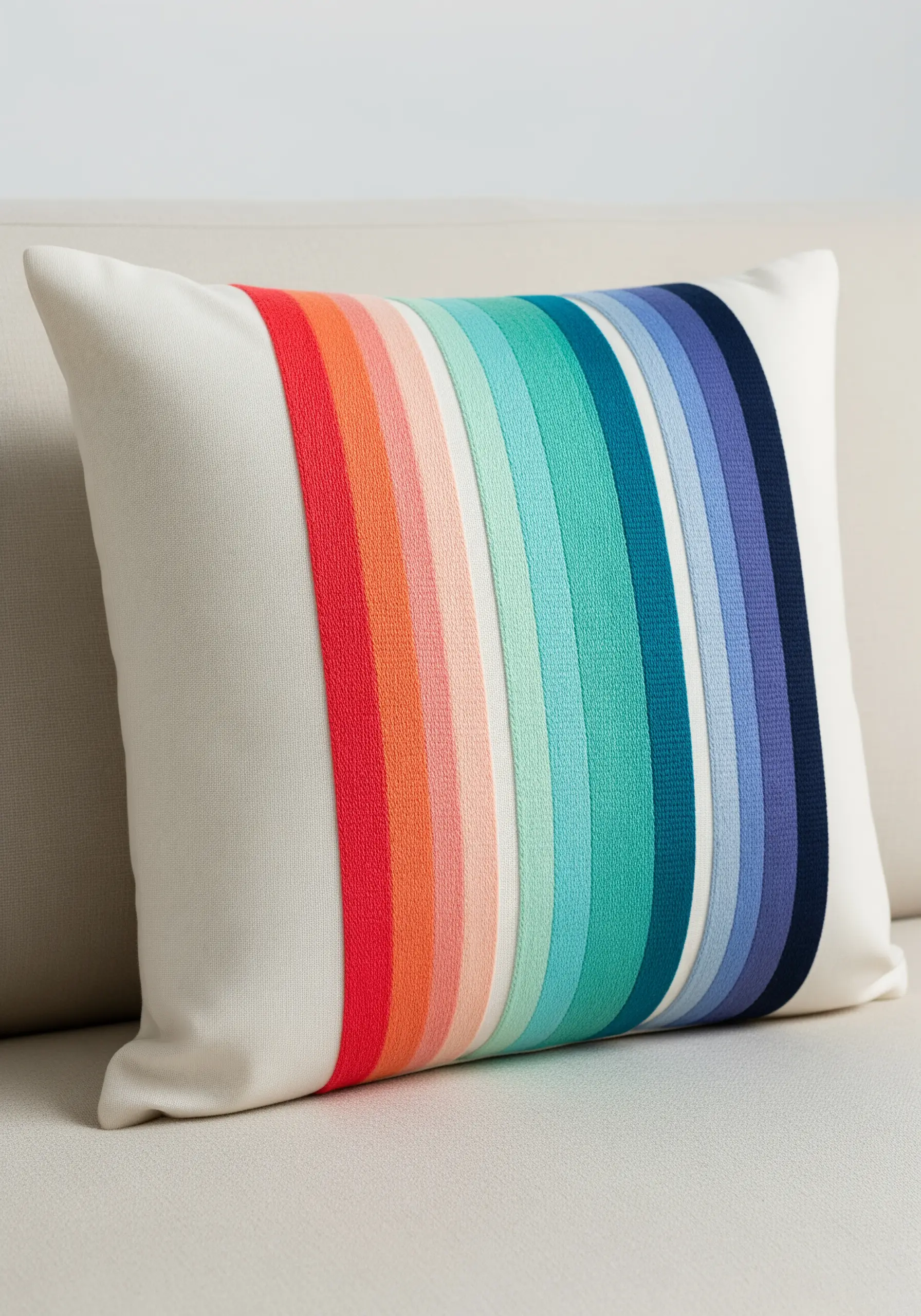 Clean vertical stripes in a rainbow gradient using dense satin stitch on a white cushion.