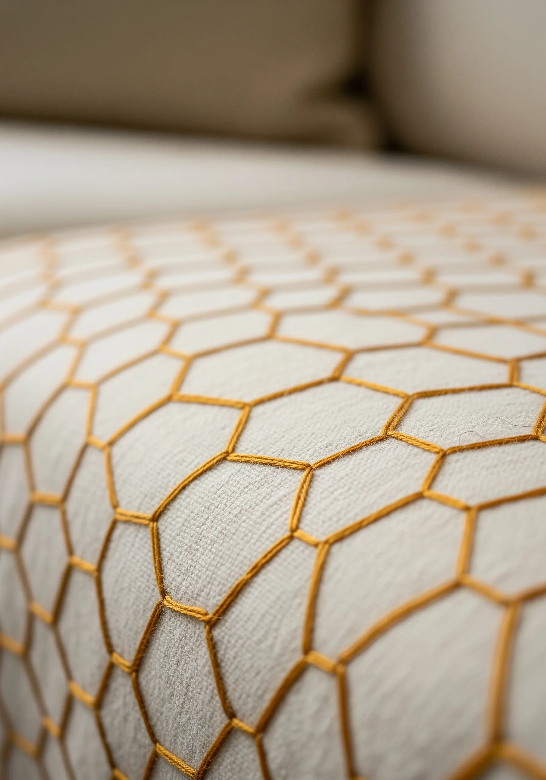 A close-up of a honeycomb pattern embroidered in golden thread on cream linen fabric.