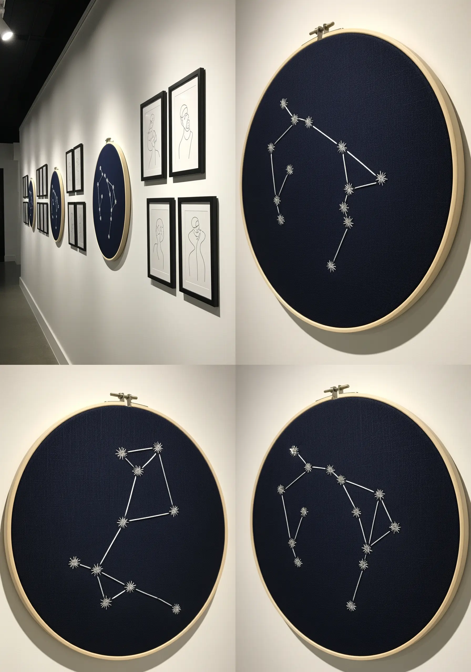 Zodiac constellations stitched in white thread on dark navy fabric in embroidery hoops.