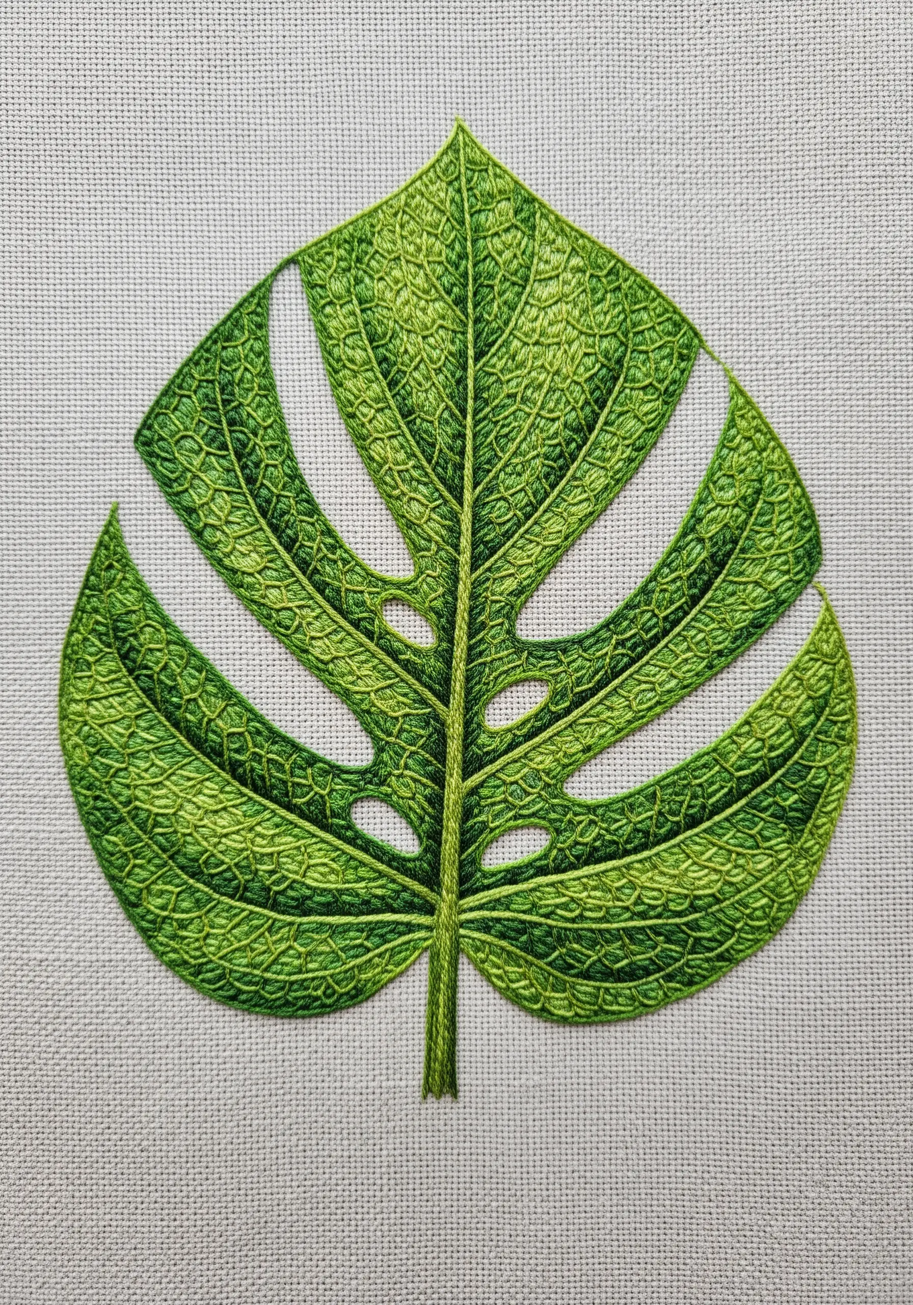 A hyper-realistic monstera leaf with intricate cellular stitching between the veins.