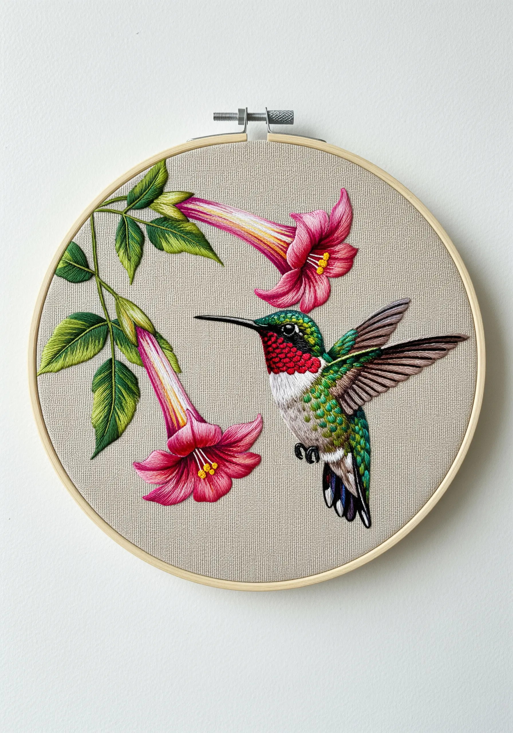 Detailed thread painting of a hummingbird with pink flowers on neutral linen fabric.