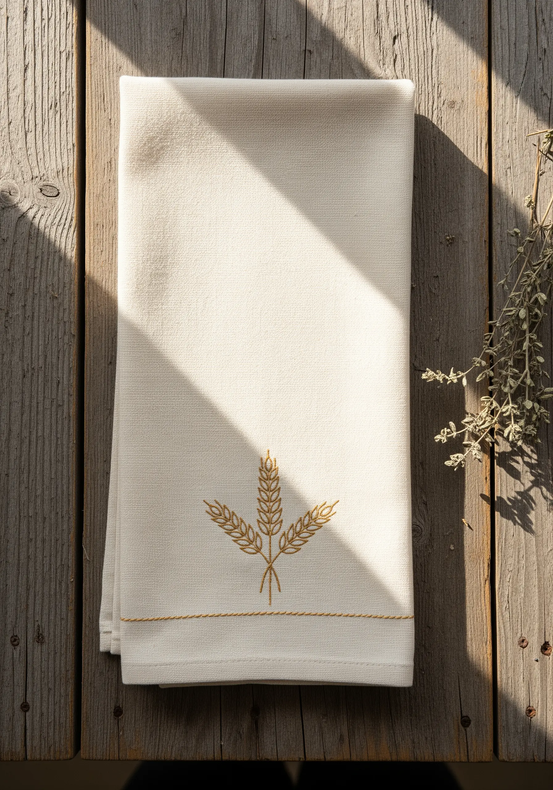 An embroidered wheat sheaf motif in golden thread on a cream kitchen towel.