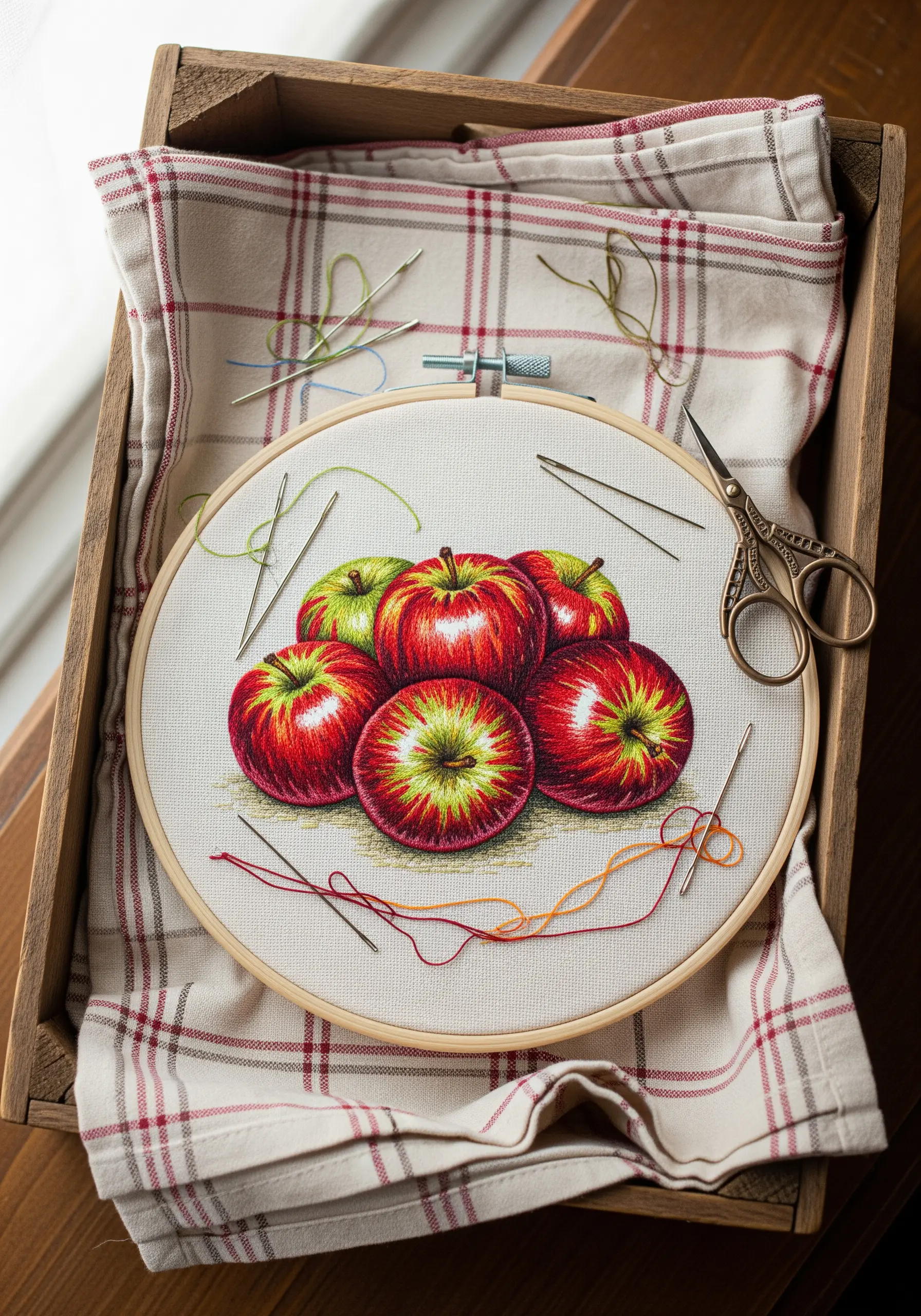 A highly realistic embroidery of a pile of red and green apples in a hoop.