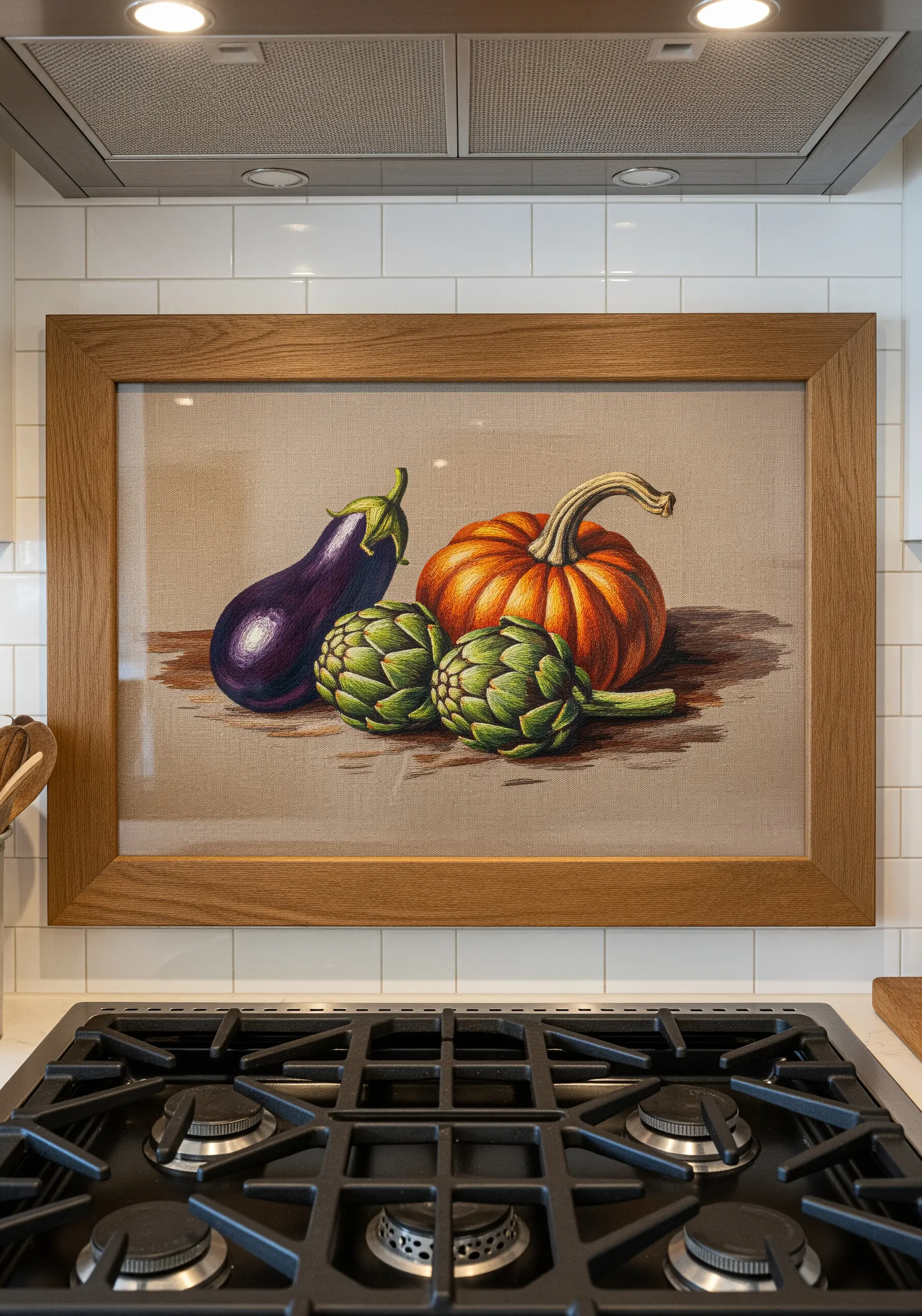 A hyper-realistic embroidery of a pumpkin, eggplant, and artichokes in a wooden frame.