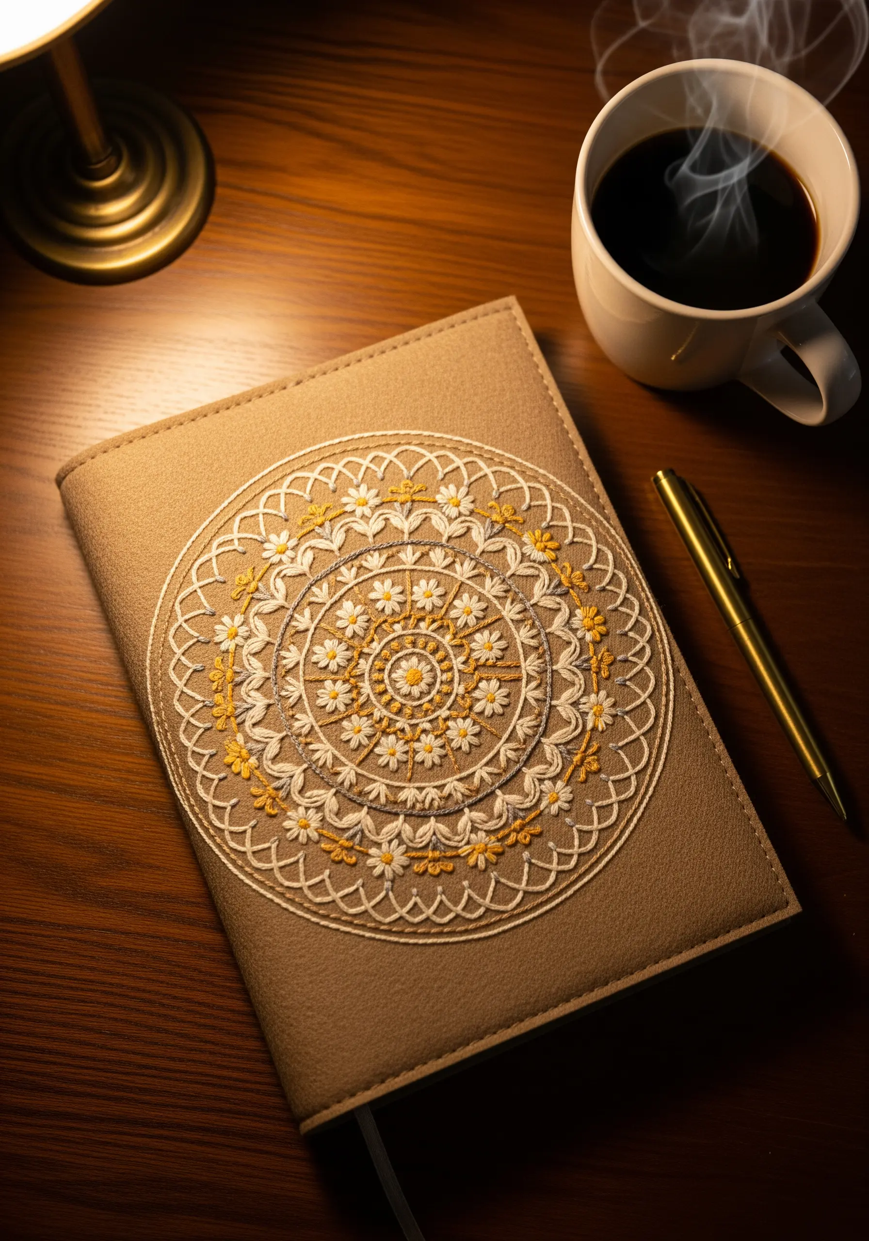 Intricate white and yellow daisy mandala embroidered on a beige journal cover