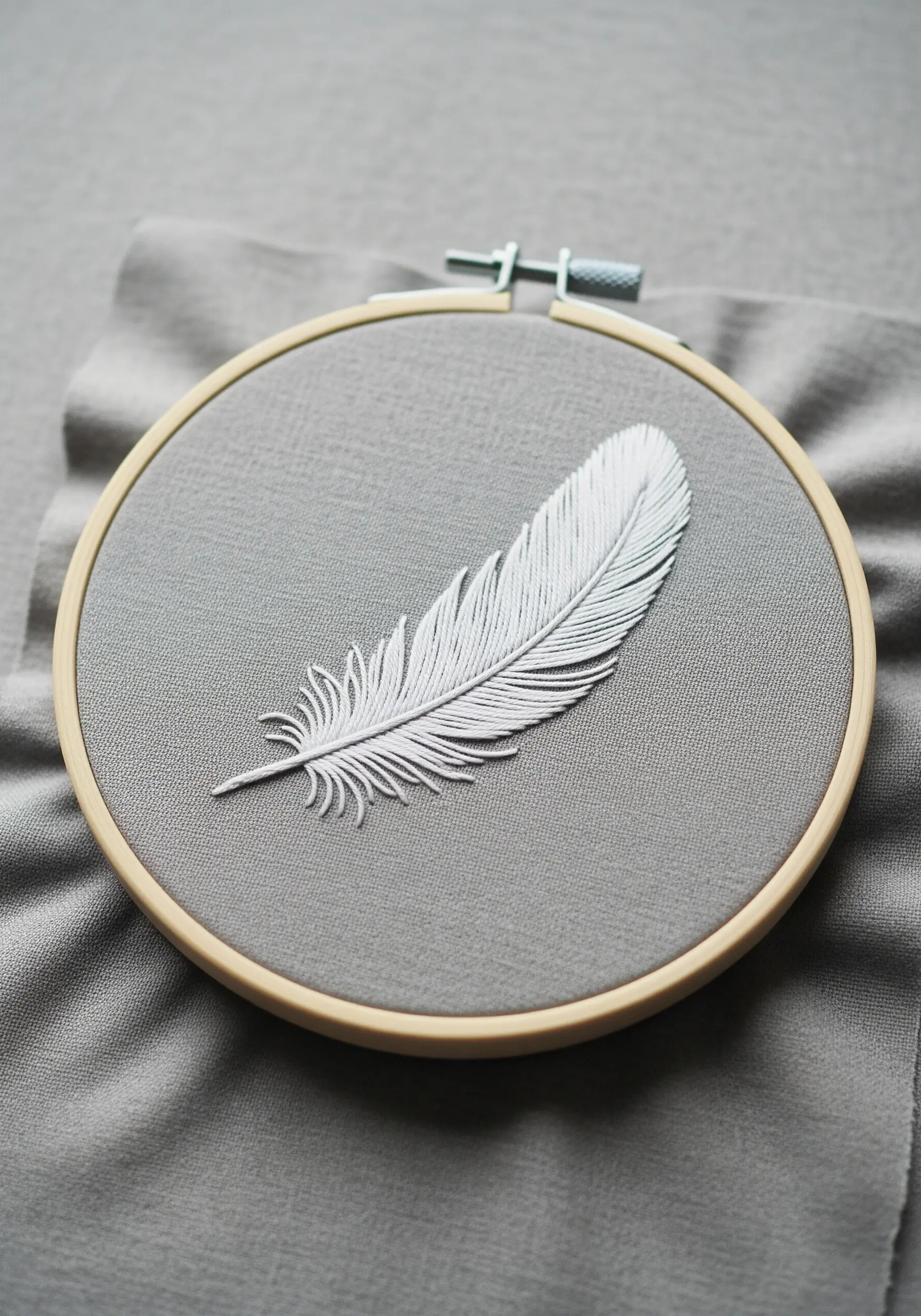 A realistic white feather created with long and short stitch on grey fabric.