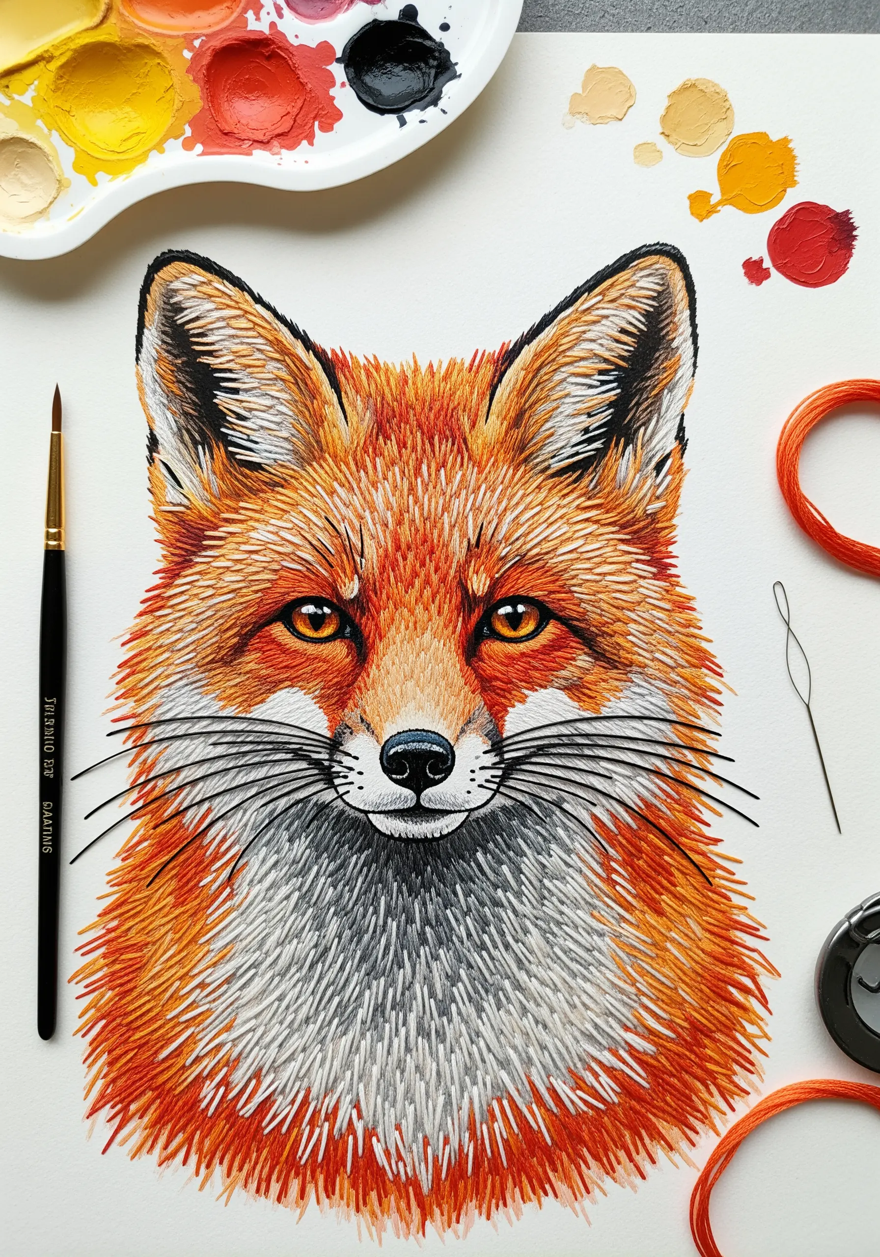 Realistic thread-painted fox on paper using directional long-and-short stitches.