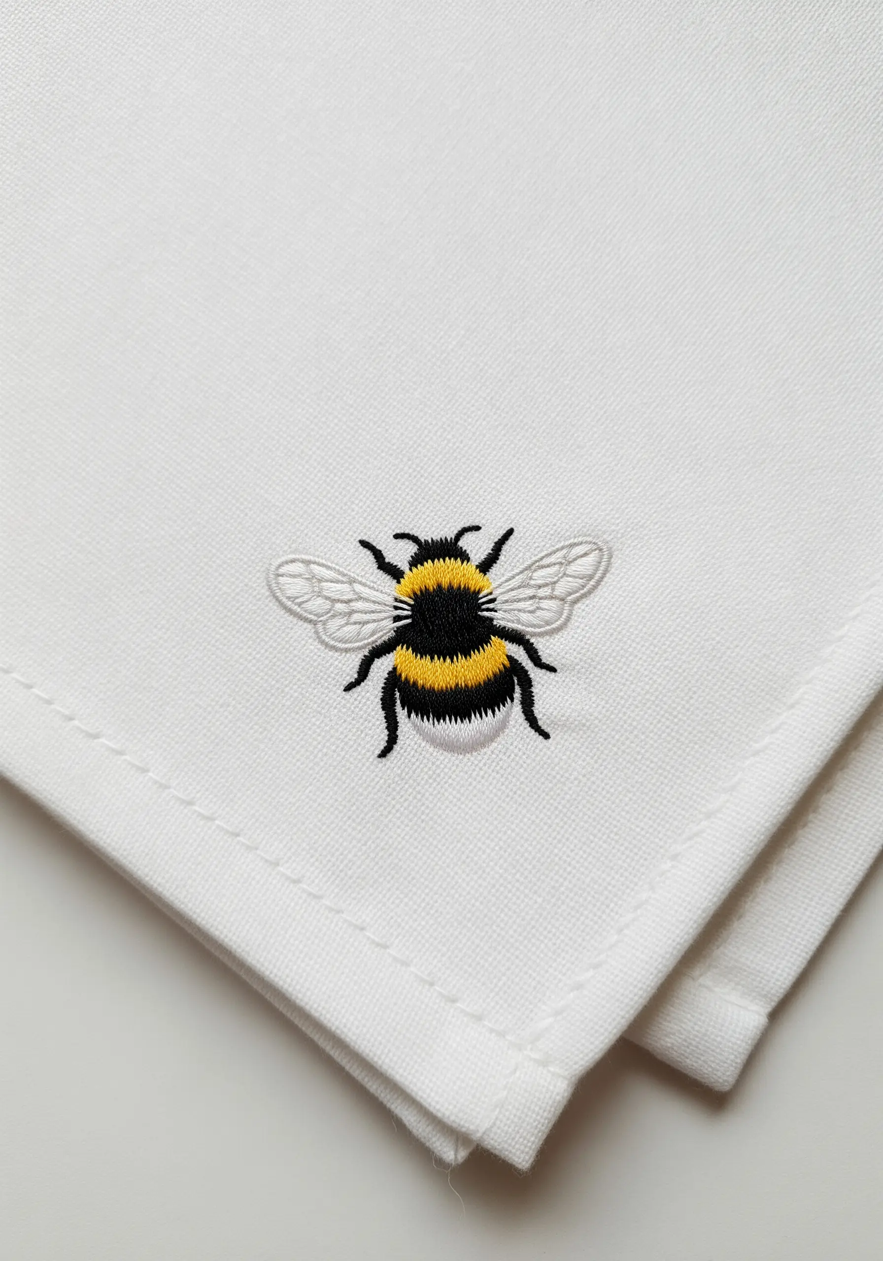 A detailed, realistic bumblebee embroidered on the corner of a white linen napkin.