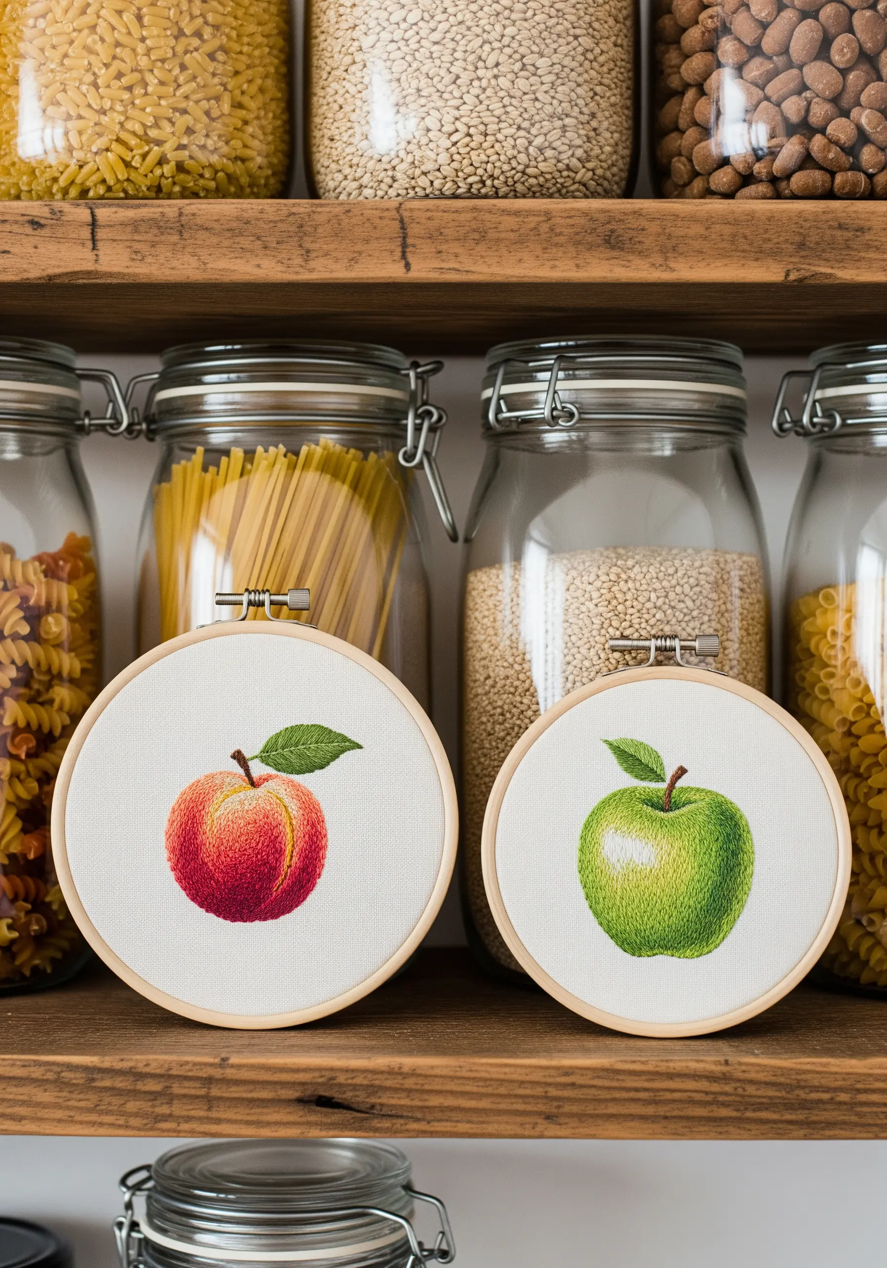 Two realistic thread-painted embroideries of a peach and a green apple in front of pantry jars.