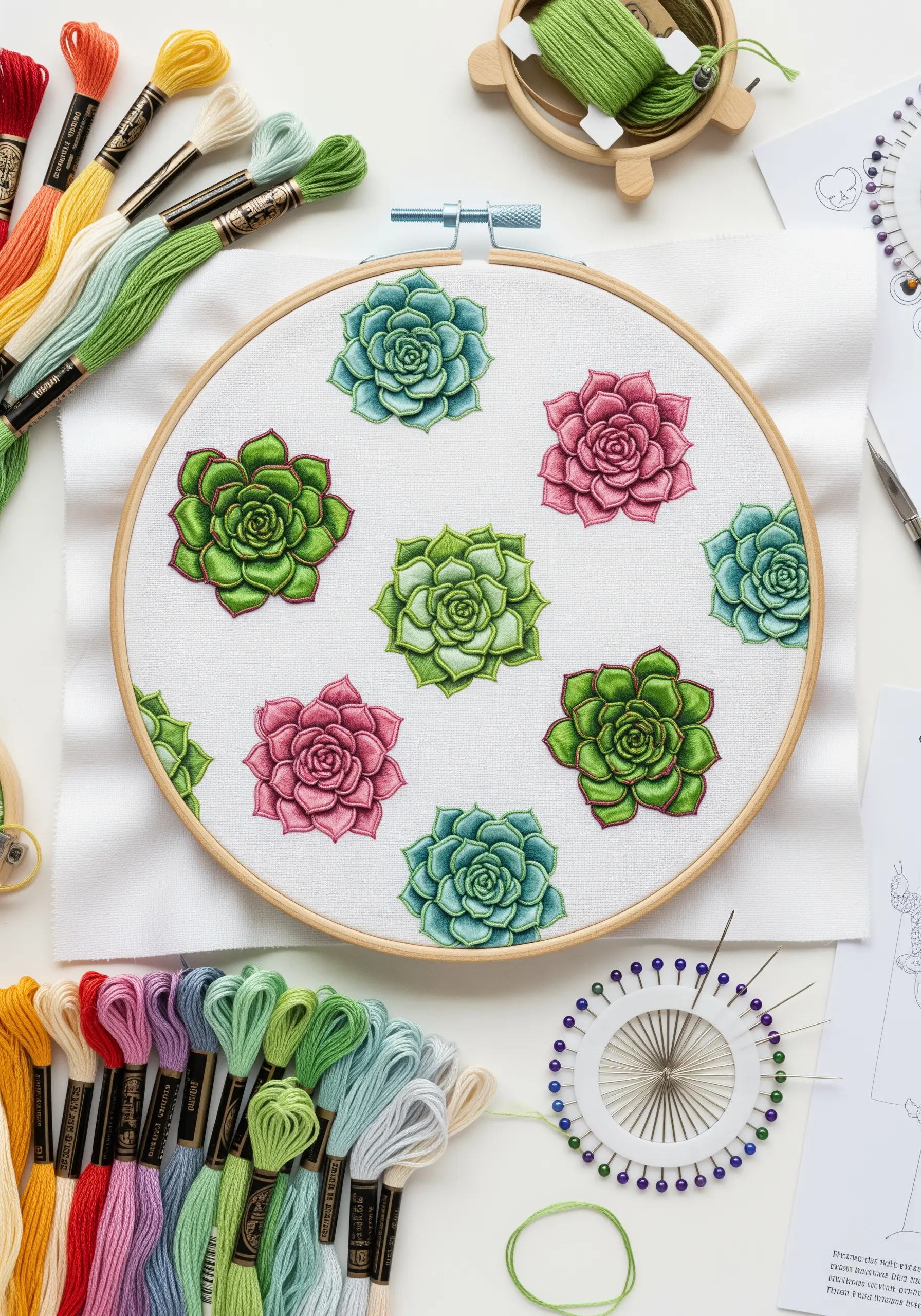 A pattern of colorful embroidered succulents in pink, teal, and green on white fabric.